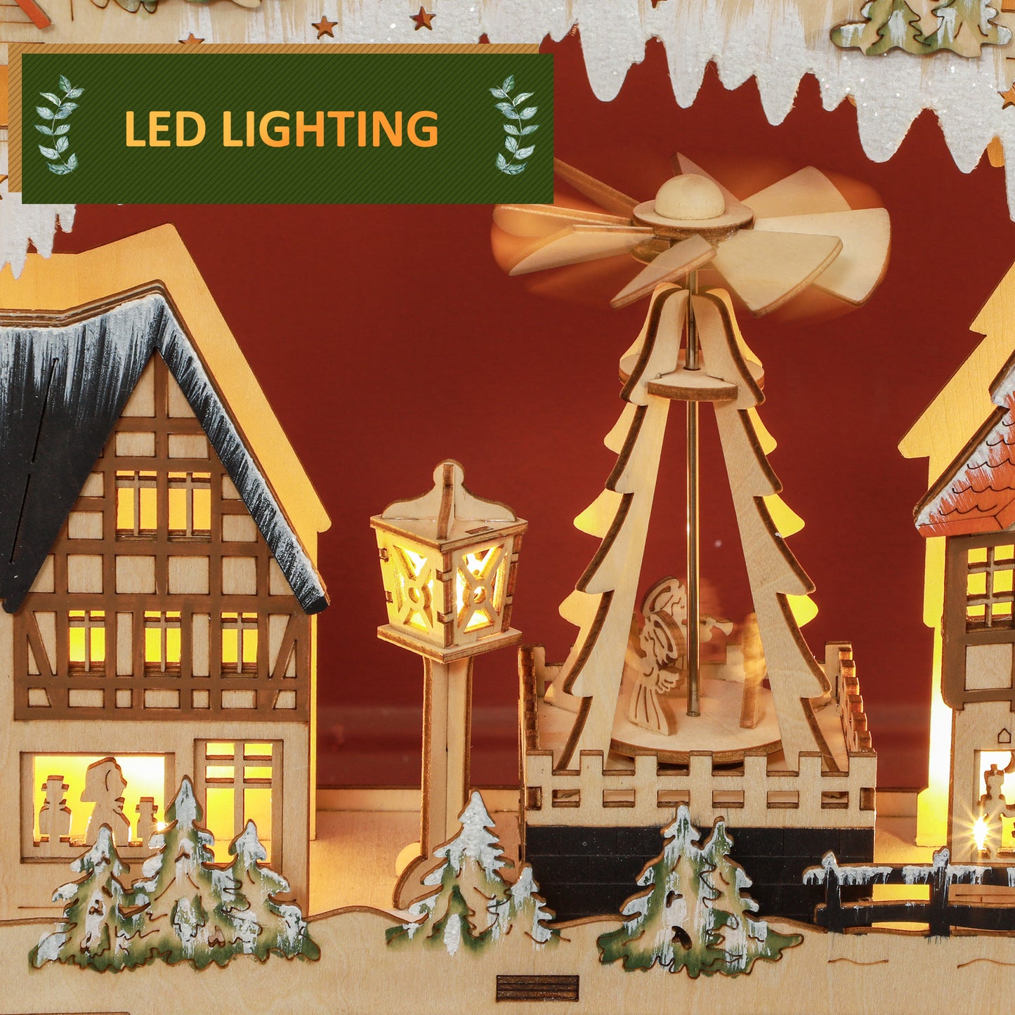 HOMCOM Wooden Christmas Advent Calendar, Lighted 24 Days Xmas Calendar House, Christmas Table Decoration with Countdown Drawers, Bible Characters, Battery Operated, Natural