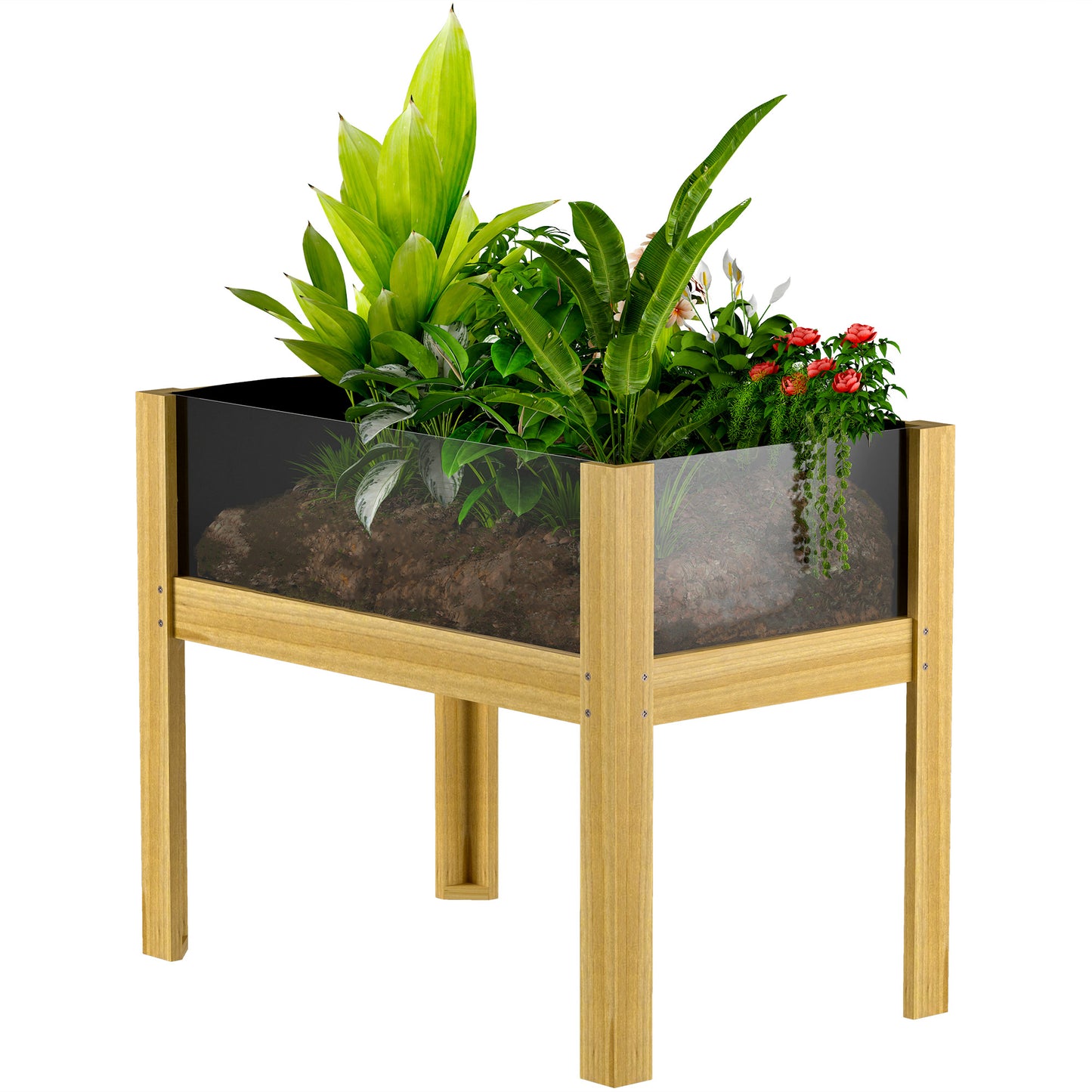 Outsunny Wooden Raised Garden Bed with Acrylic Panels, Raised Planter Box with Drainage Holes, 43.3" x 19.7" x 31.5"