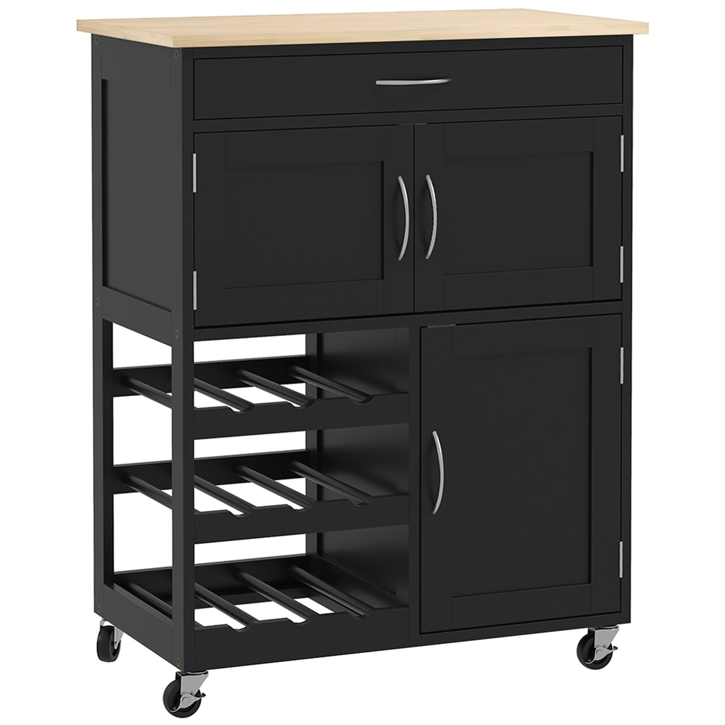 HOMCOM Rolling Kitchen Cart, Kitchen Island with Storage Drawer, 9-bottle Wine Rack, Door Cabinets, Wooden Countertop, White