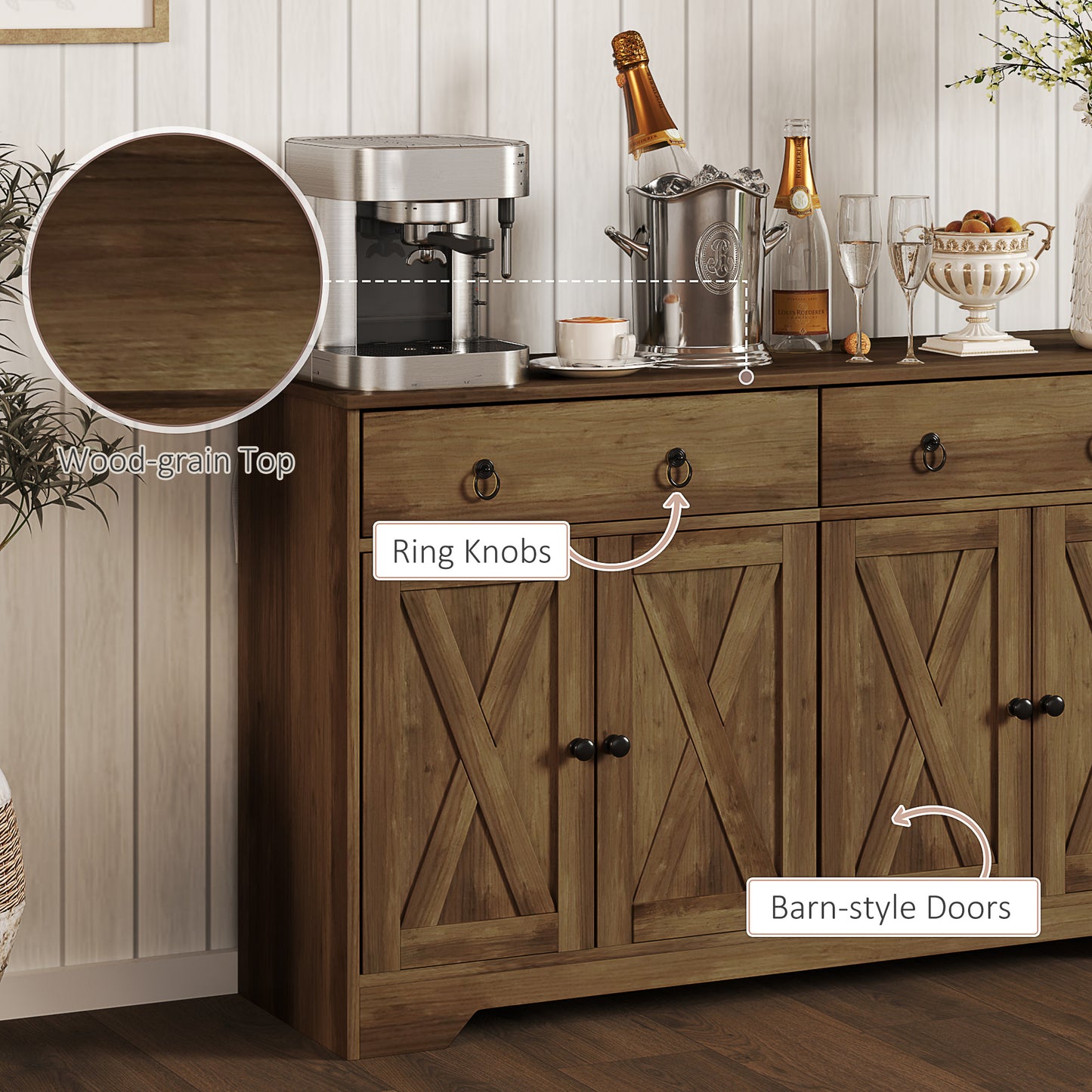 HOMCOM Sideboard Cabinet with 2 Drawers, 4 Barn Doors and 2 Adjustable Shelves, Buffet Table for Living Room, Light Brown