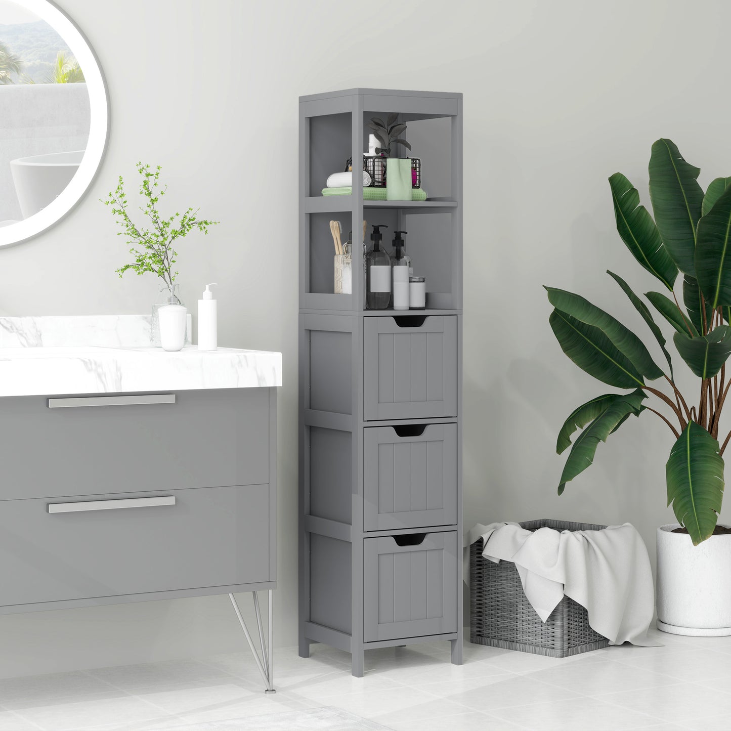 kleankin Narrow Bathroom Cabinet with 3 Drawers and 2 Tier Shelf, Tall Cupboard Freestanding Linen Tower, White
