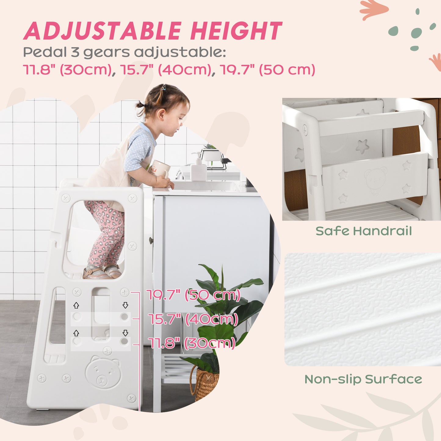 Qaba Toddler Kitchen Helper 2 Step Stool with Adjustable Height Platform and Safety Rail, White