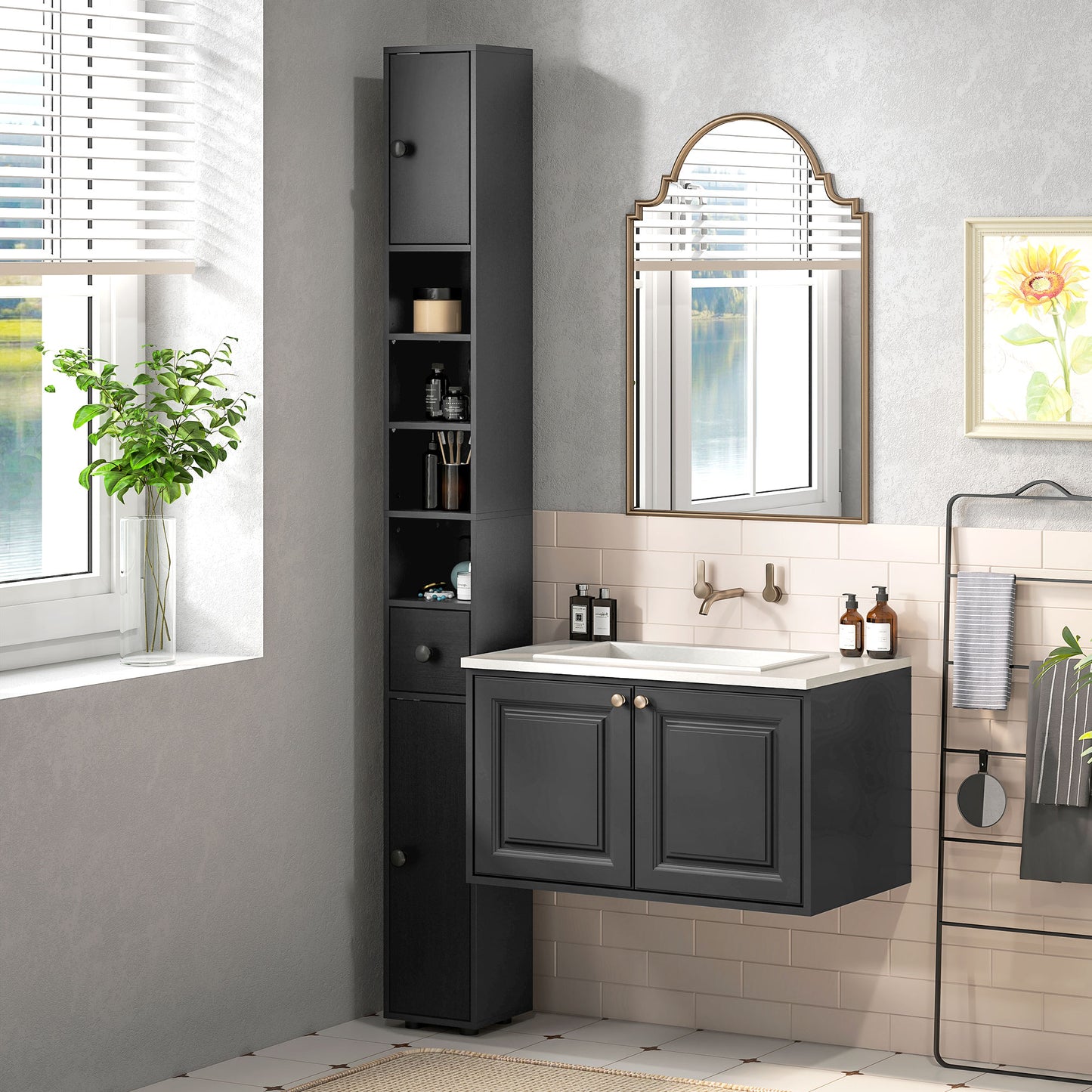 kleankin 71" Tall Bathroom Storage Cabinet, Narrow Bathroom Cabinet with Open Shelves, 2 Door Cabinets, Adjustable Shelves, for Kitchen, Hallway, Living Room, White
