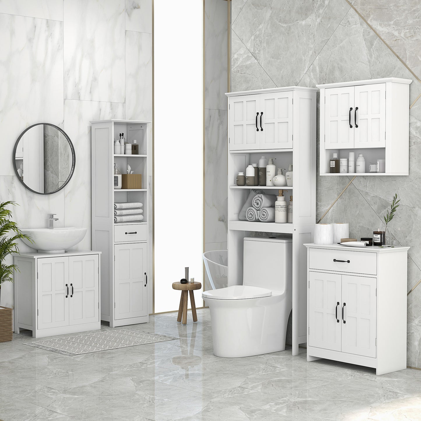 kleankin Modern Bathroom Cabinet, Narrow Bathroom Vanities with 3 Open Shelves, Drawer and Adjustable Shelf, White