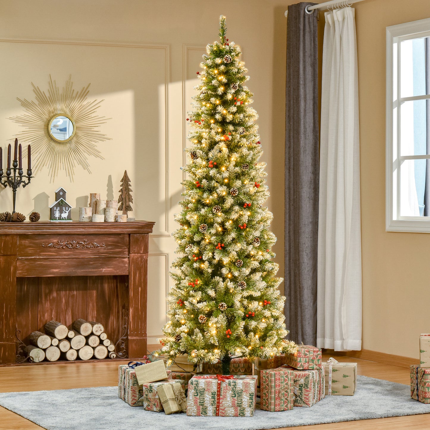 HOMCOM 7.5ft Artificial Christmas Tree, Flocked Christmas Tree with Pine Cones, 1119 Branch Tips and Metal Base, Green