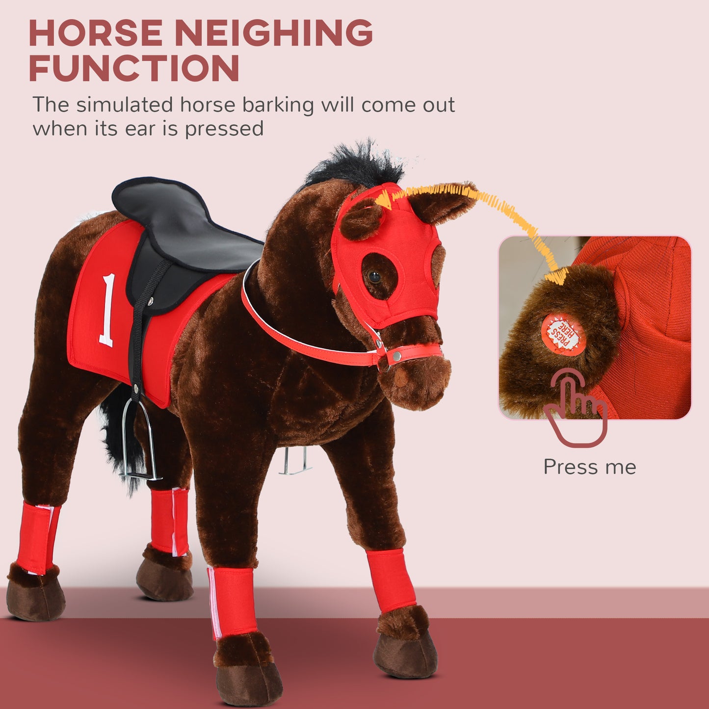 Qaba Kids Ride On Horse w/ Neighing Sound, Saddle, Stirrups, for 3-8 Years