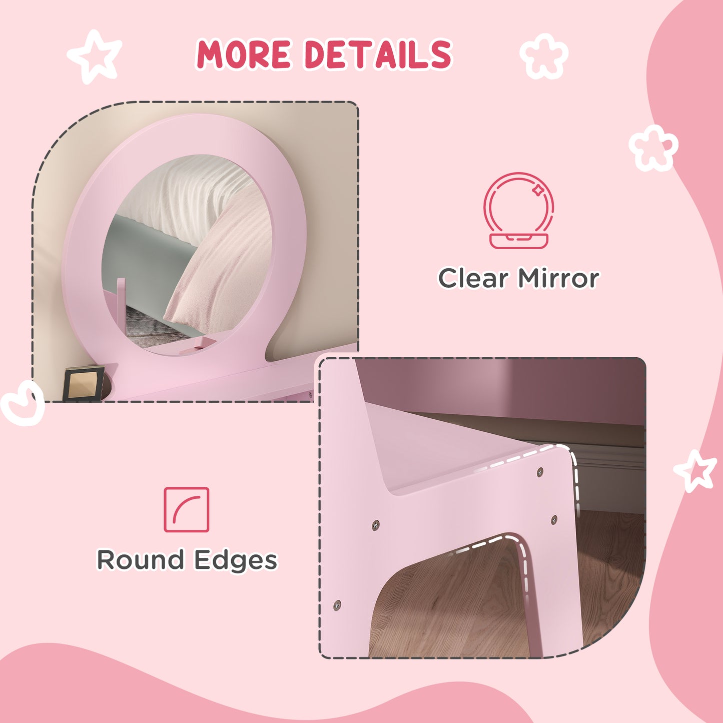 Qaba Kids Vanity Set, Dual-Use Dressing Table with Removable Tri-Folding Mirror and Drawer, for Ages 3-8, Pink