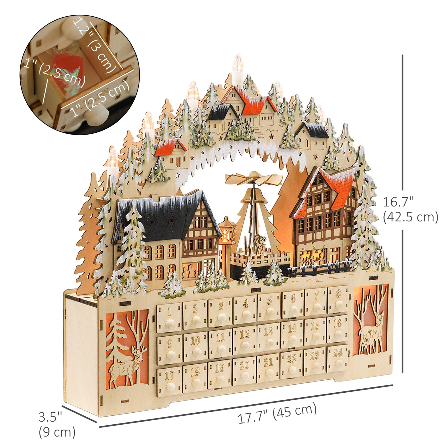 HOMCOM Wooden Christmas Advent Calendar, Lighted 24 Days Xmas Calendar House, Christmas Table Decoration with Countdown Drawers, Bible Characters, Battery Operated, Natural
