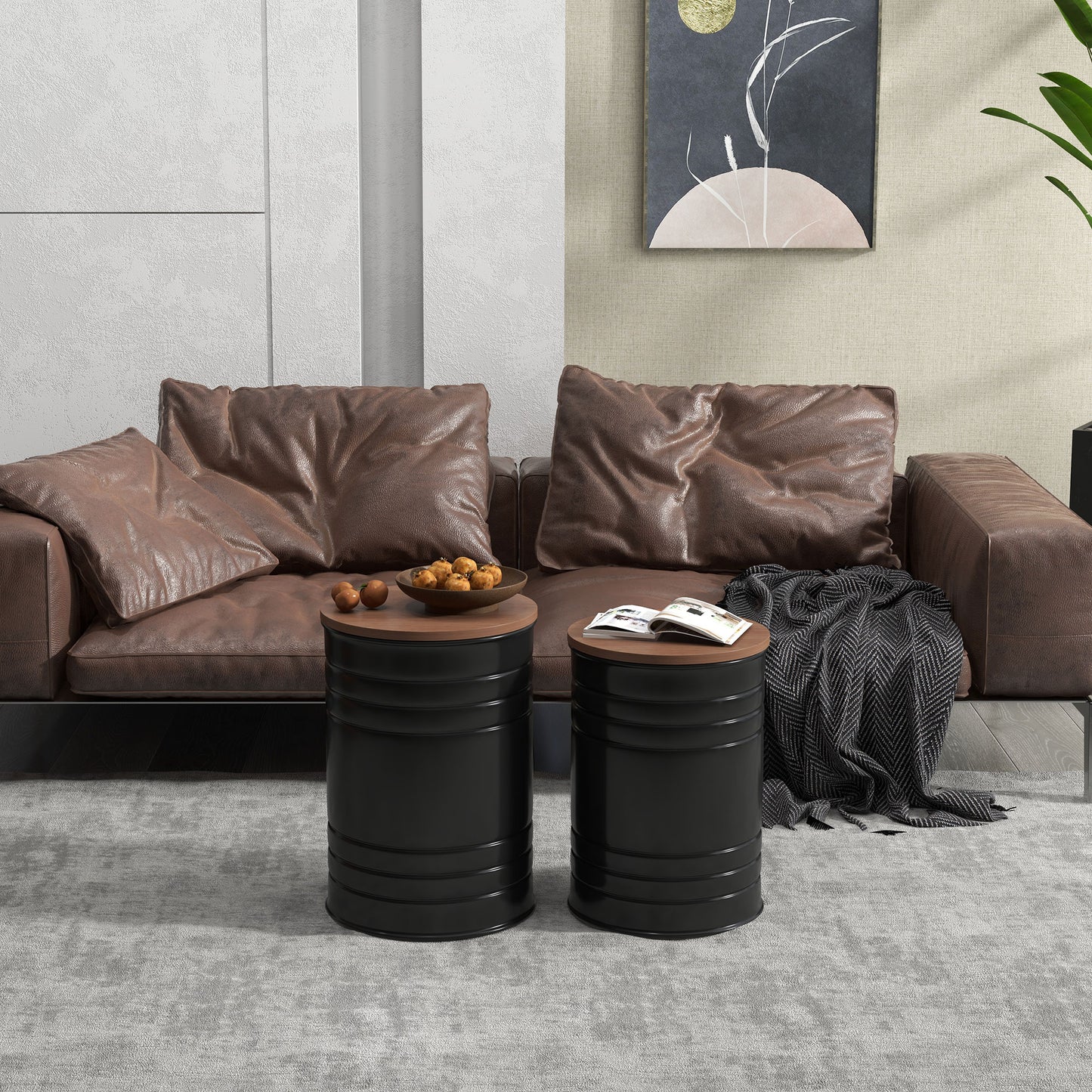 HOMCOM Round Side Table Set of 2, Nesting Coffee Tables w/ Wooden Lid, Metal Frame and Hidden Storage Space for Bedroom, Black