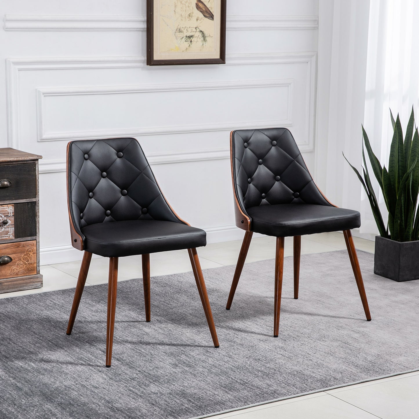HOMCOM Dining Chairs Set of 2, Tufted Kitchen Chairs, PU Leather Upholstered Seats and Steel Legs for Dining Room, Black