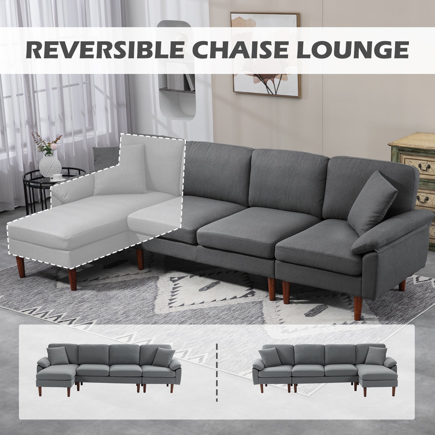 HOMCOM L-Shape Sofa, Modern Sectional Couch with Changeable Chaise Lounge, Pillows and Wooden Legs for Living Room, Dark Grey
