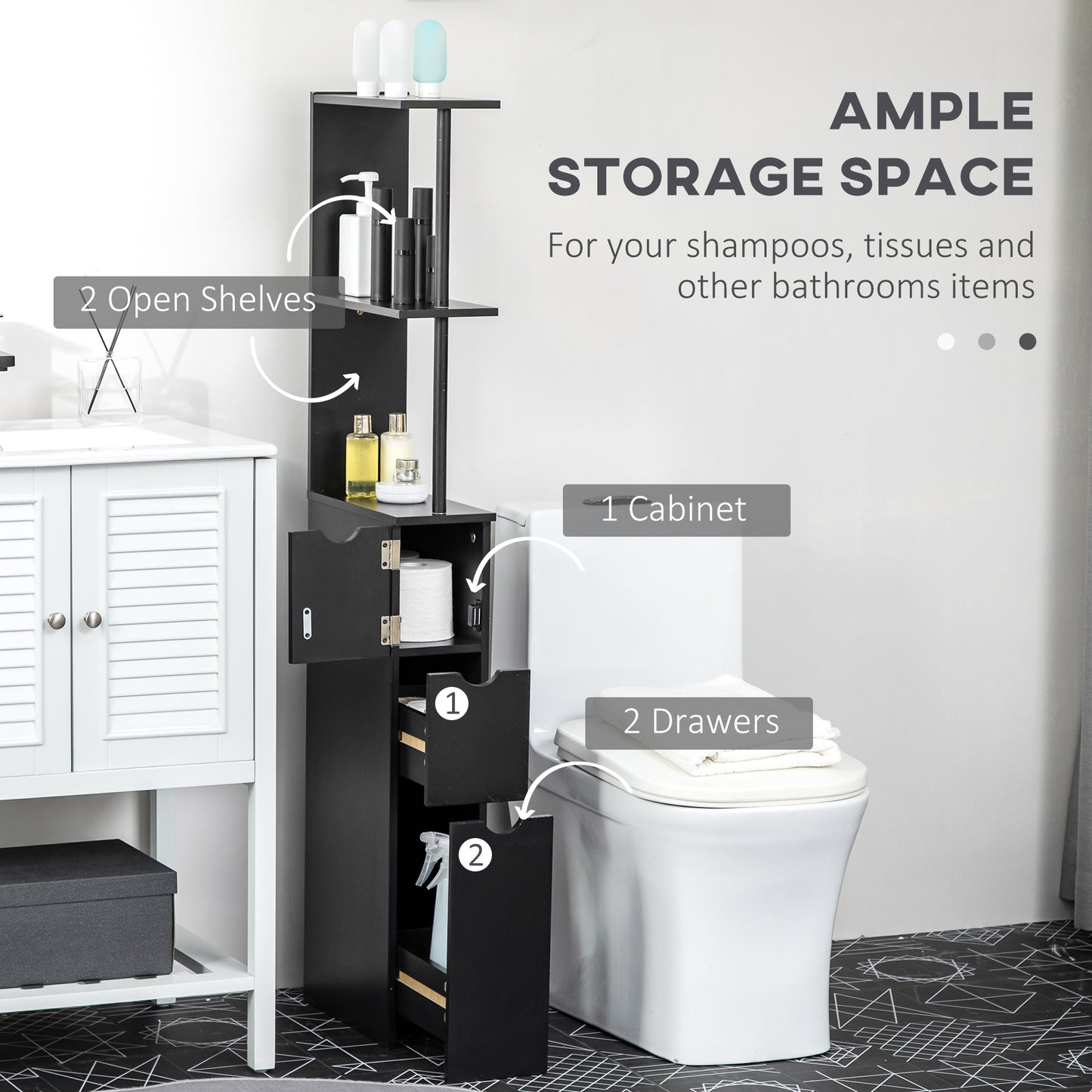 HOMCOM Tall Bathroom Storage Cabinet, Narrow Bathroom Cabinet with Drawers and Open Shelves for Small Spaces, White and Grey