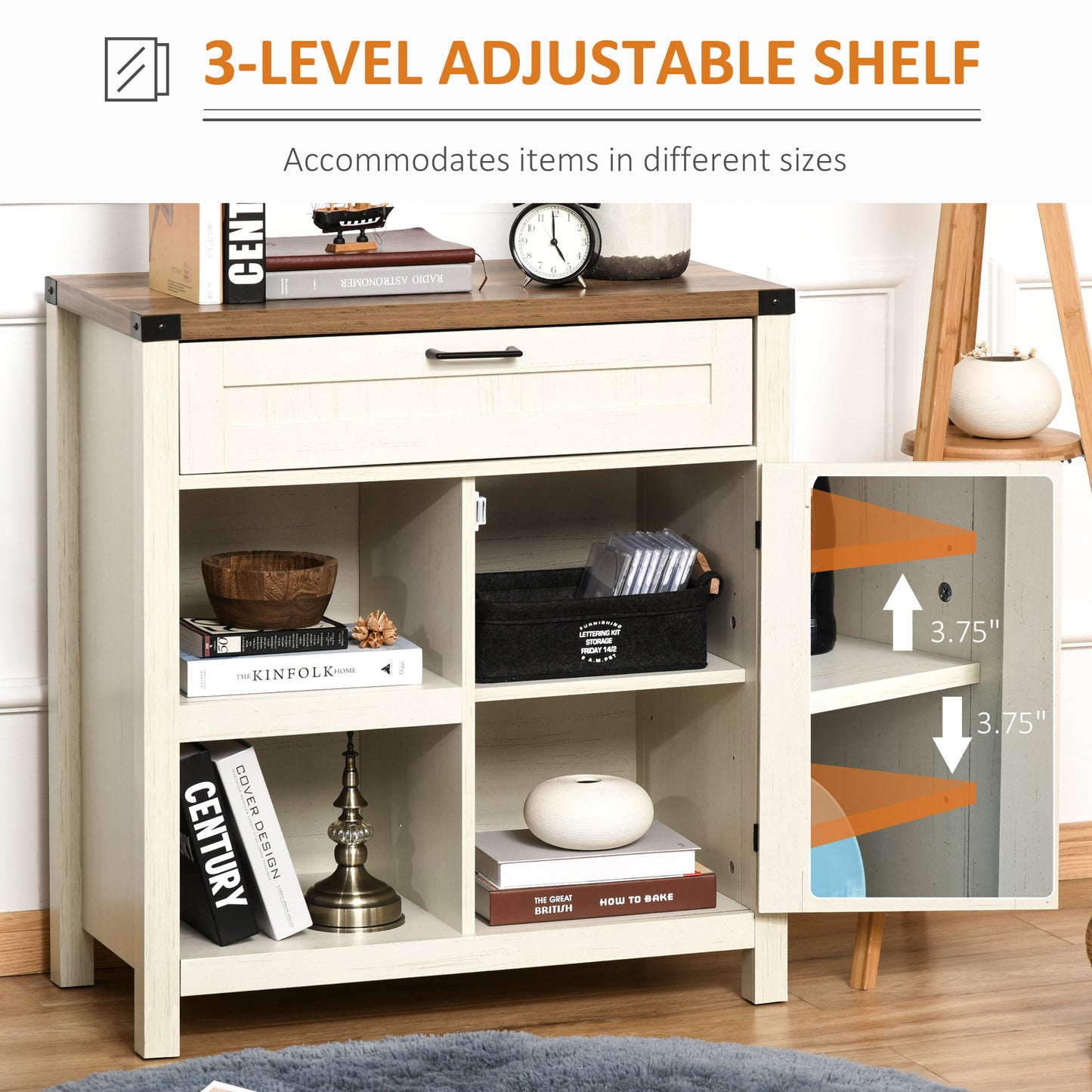 HOMCOM Rustic Barn Door Storage Cabinet Modern Farmhouse Buffet Sideboard for Kitchen and Dining Room White