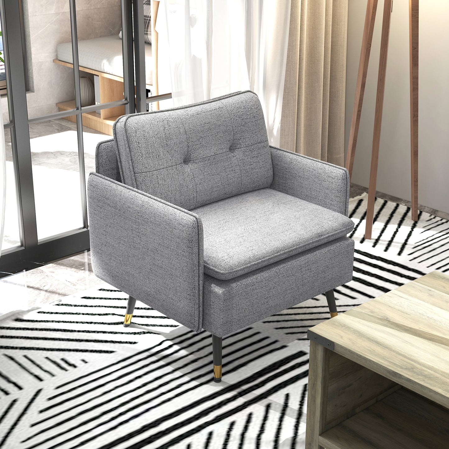 HOMCOM Modern Armchair, Upholstered Accent Chair with Tufted Back Cushion and Steel Legs for Living Room, Bedroom, Grey