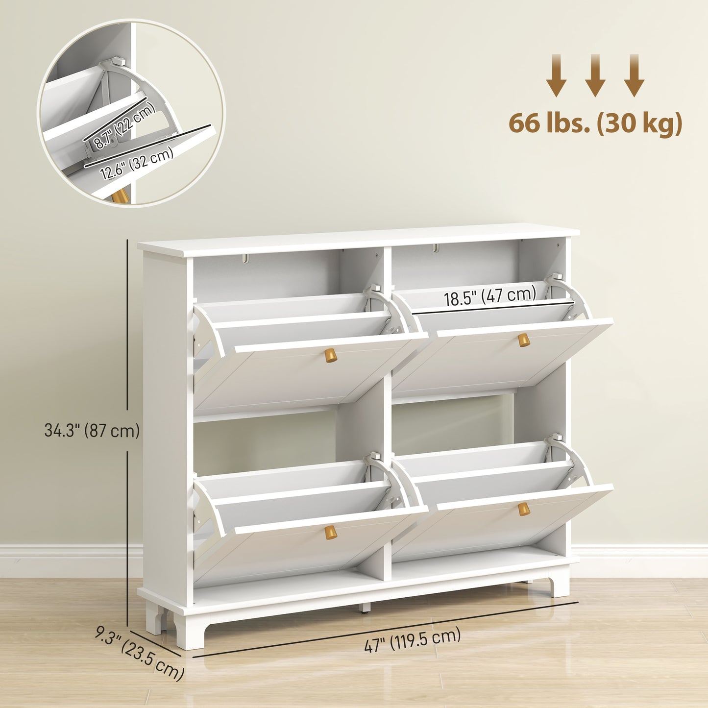 HOMCOM Modern Shoe Storage Cabinet, Narrow Shoe Cabinet with 4 Flip Drawers, Adjustable Shelves, 5 Legs for Entryway, White