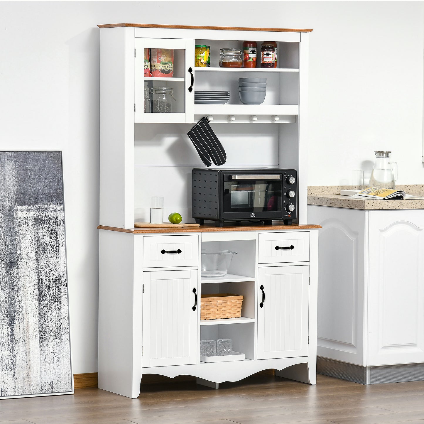 HOMCOM 71" Kitchen Buffet with Hutch, Farmhouse Style Storage Cupboard with Utility Drawer, 3 Door Cabinets and 5-tier Shelves, White