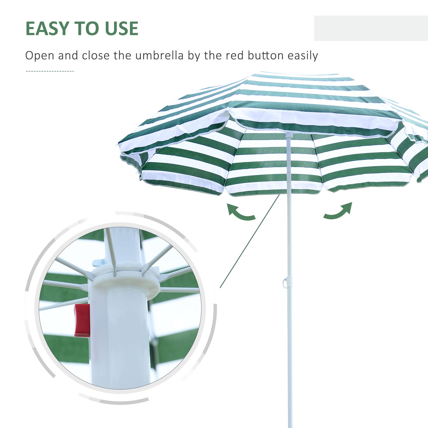 Outsunny 6FT Round Beach Umbrella with Tilt Mechanism, Outdoor UV Protection Sun Shaded Canopy with Push Button, Striped Green