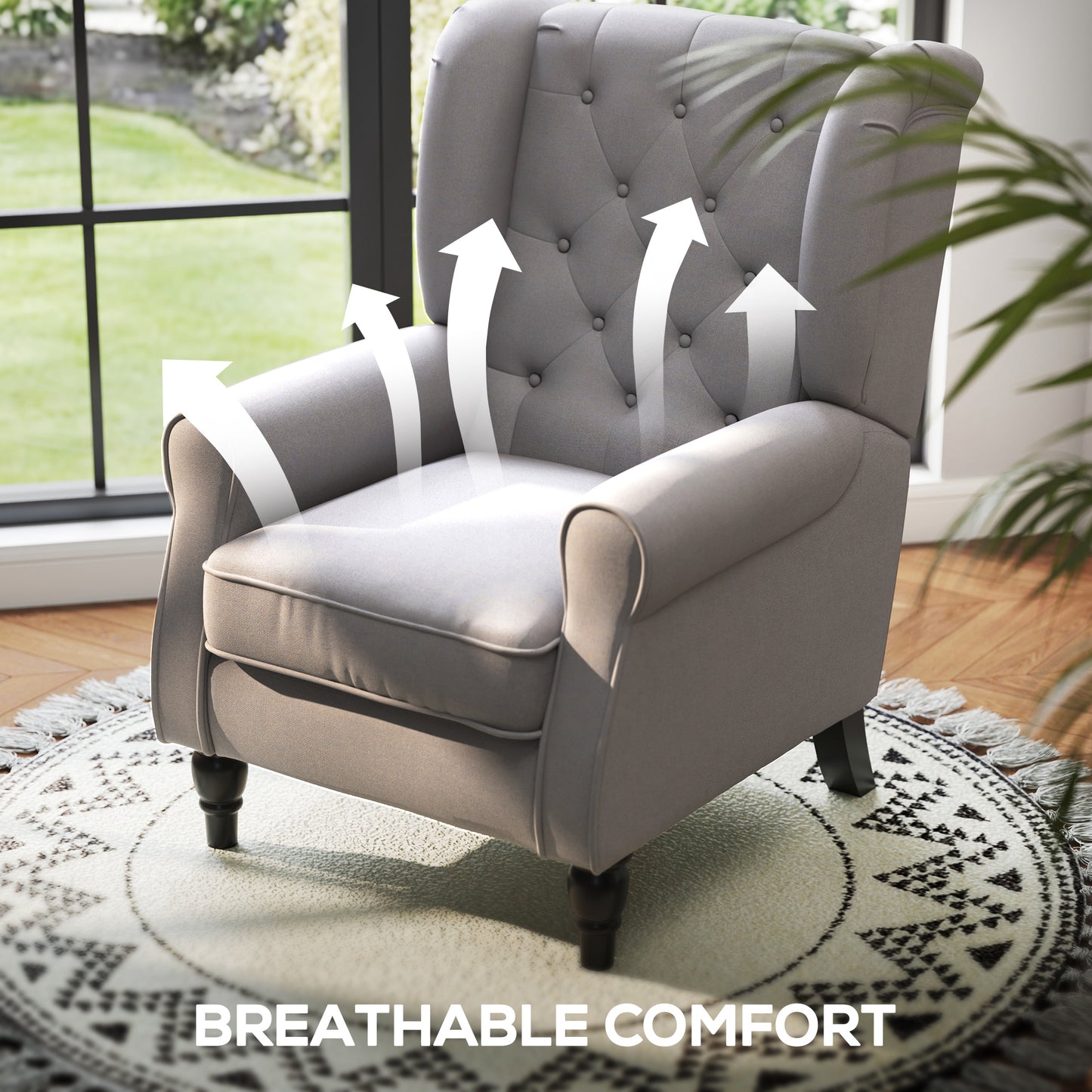 HOMCOM Fabric Accent Chair, Button Tufted Armchair, Upholstered Modern Living Room Chair, Wingback Chair with Wood Legs, Rolled Arms, Thick Padding for Bedroom, White