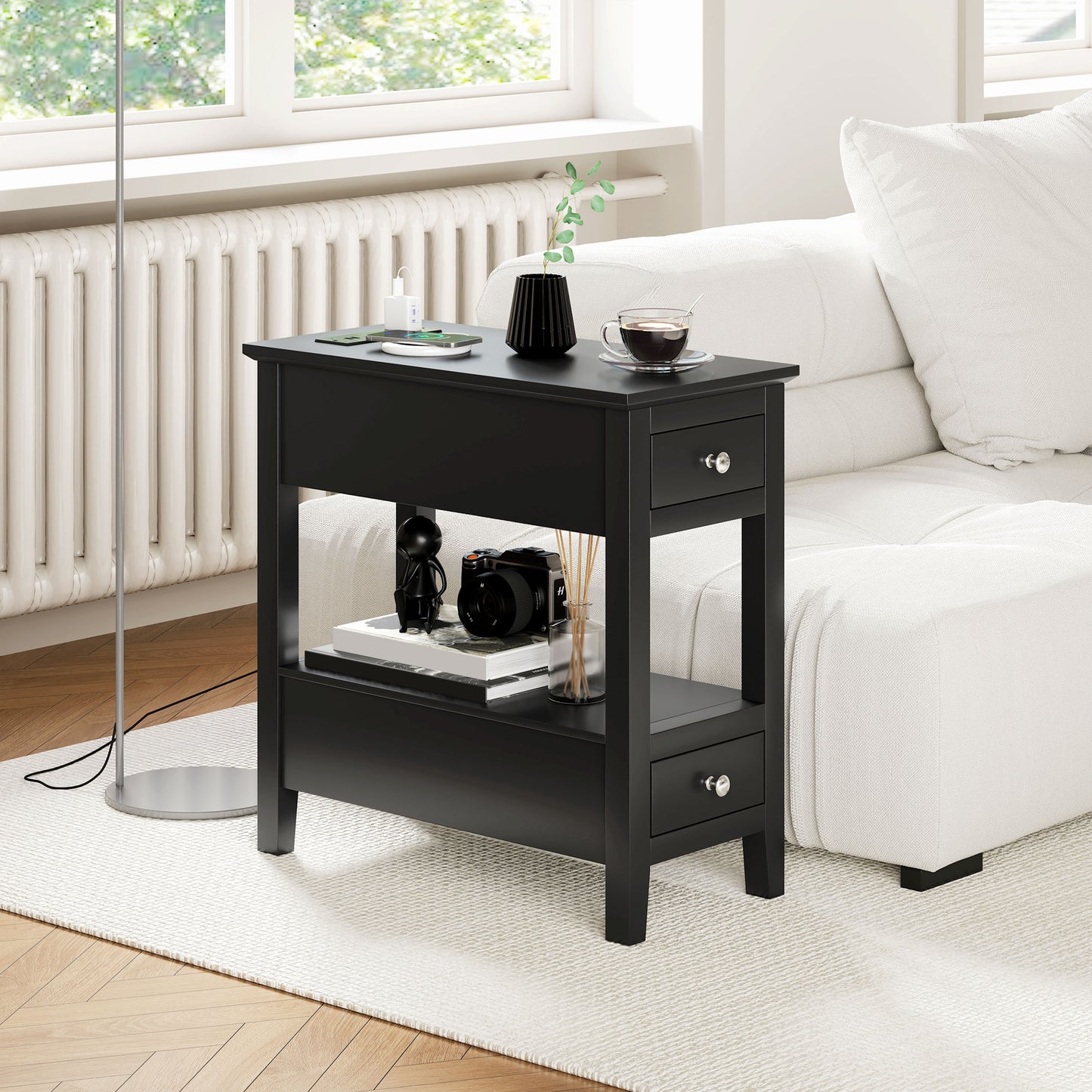 HOMCOM Narrow Side Table with Charging Station, USB Ports, Modern End Table with Storage Shelf, Drawers for Living Room, White