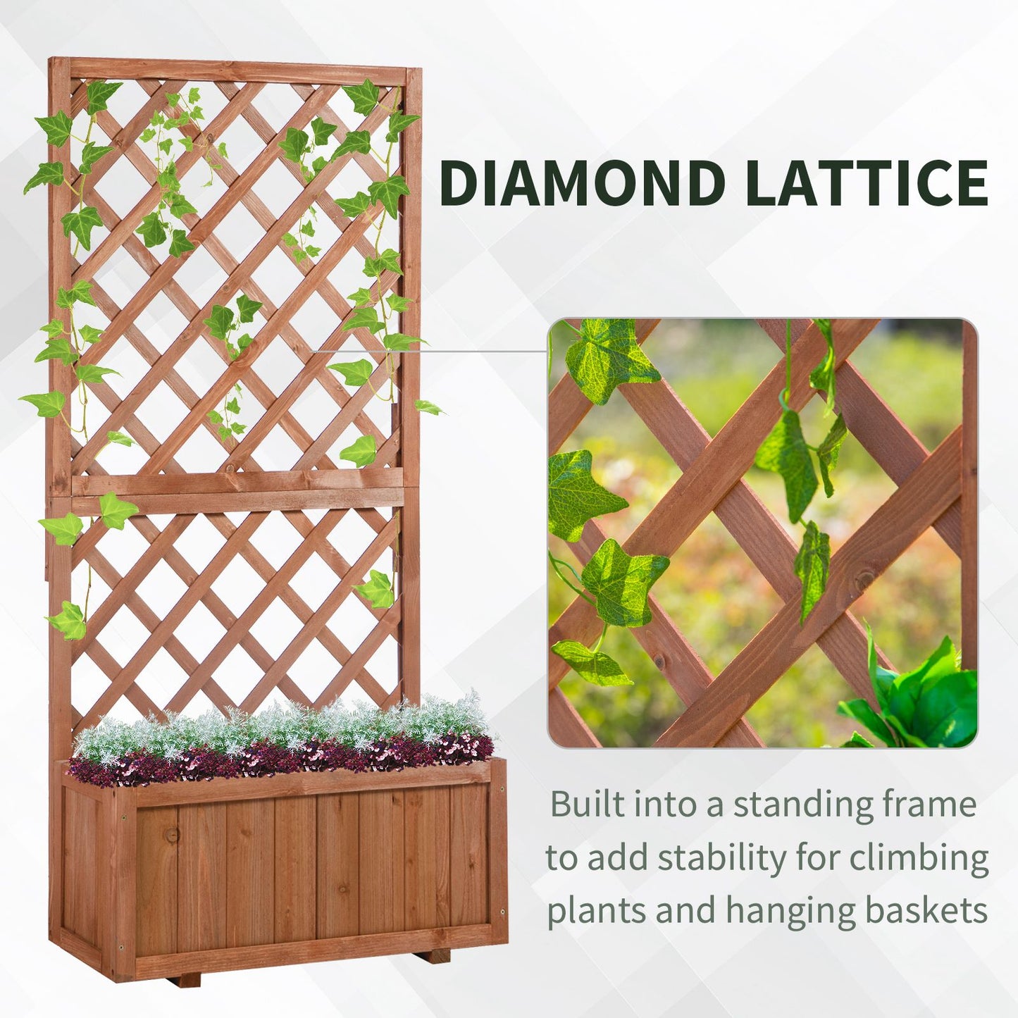 Outsunny 2.4 x 1 x 4.9 ft Garden Wooden Pine Trough Planter with Topped Trellis Climbing Plants Flower Raised Bed, Orange