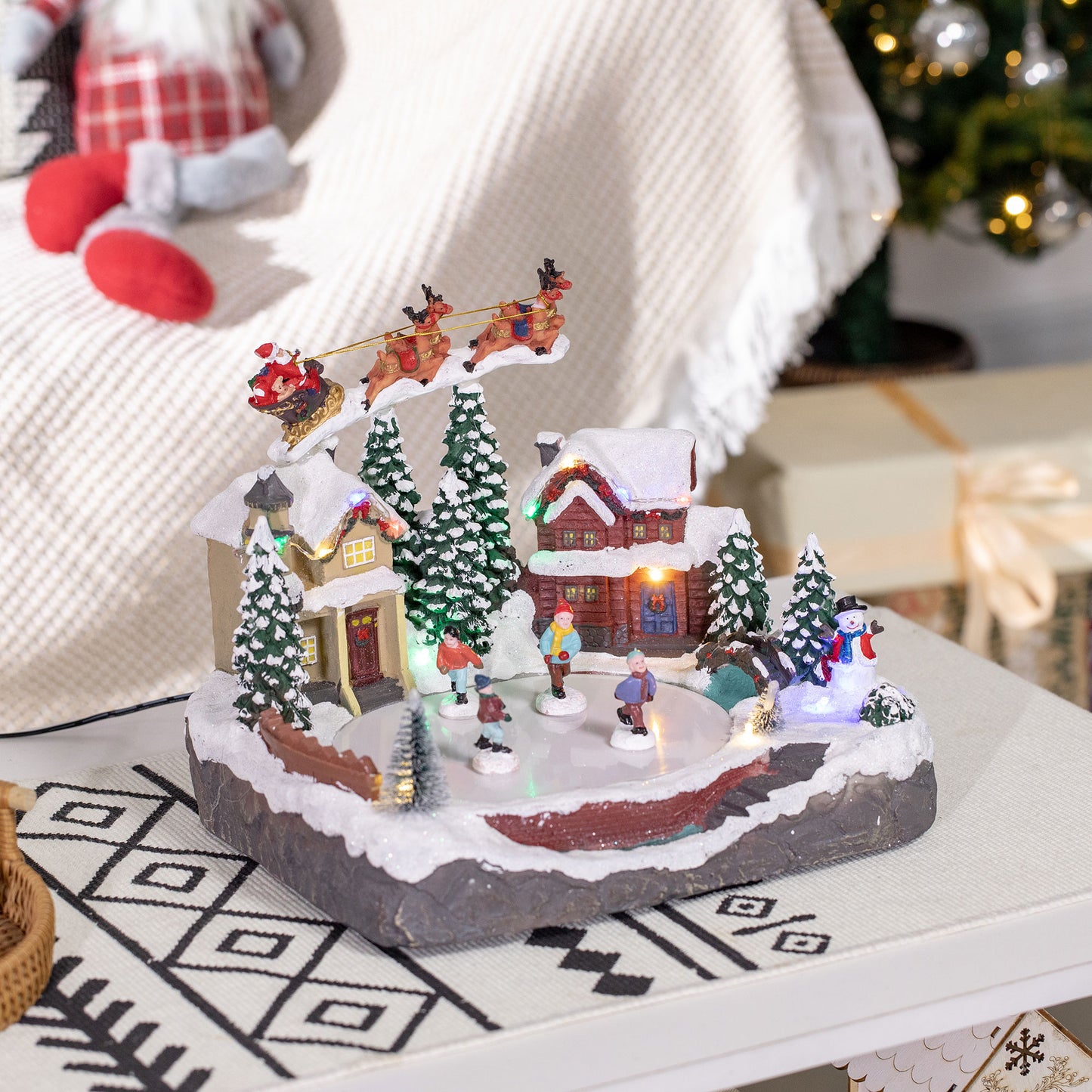 HOMCOM Christmas Village, Santa and Deer Skating Pond Animated Winter Wonderland Set with Multicolored LED Light, Plug-In Christmas Decoration