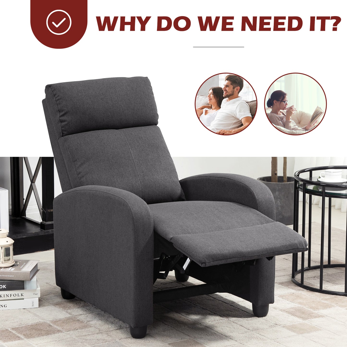 HOMCOM Fabric Recliner Chair Manual Home Theater Seating Single Reclining Sofa Chair with Padded Seat for Living Room, Dark Grey