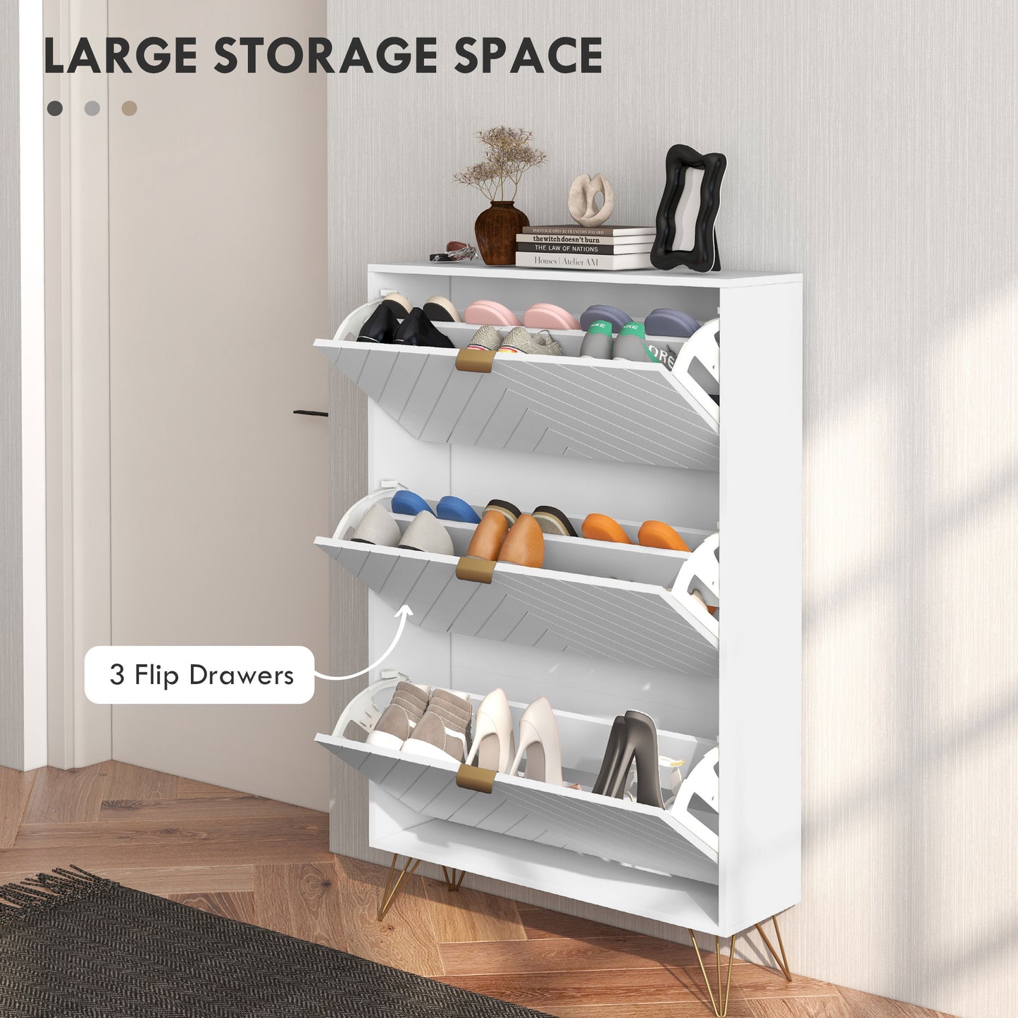HOMCOM Modern Shoe Storage Cabinet with 3 Flip Drawers for 18 Pairs, Narrow Shoe Organizer for Entryway, Hallway, White