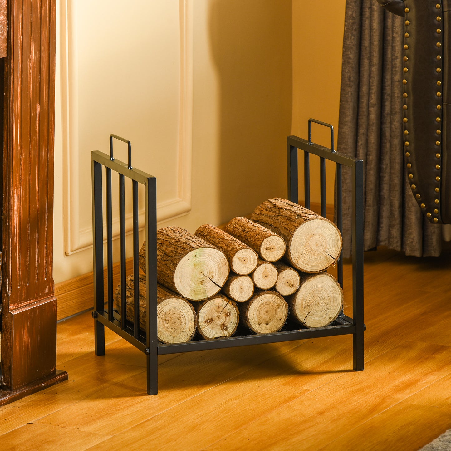 Outsunny 2-Tier Firewood Log Rack with 4 Tools 33" Fireplace Wood Holder Storage Log Rack with Shovel, Broom, Poker, Tongs and Hooks