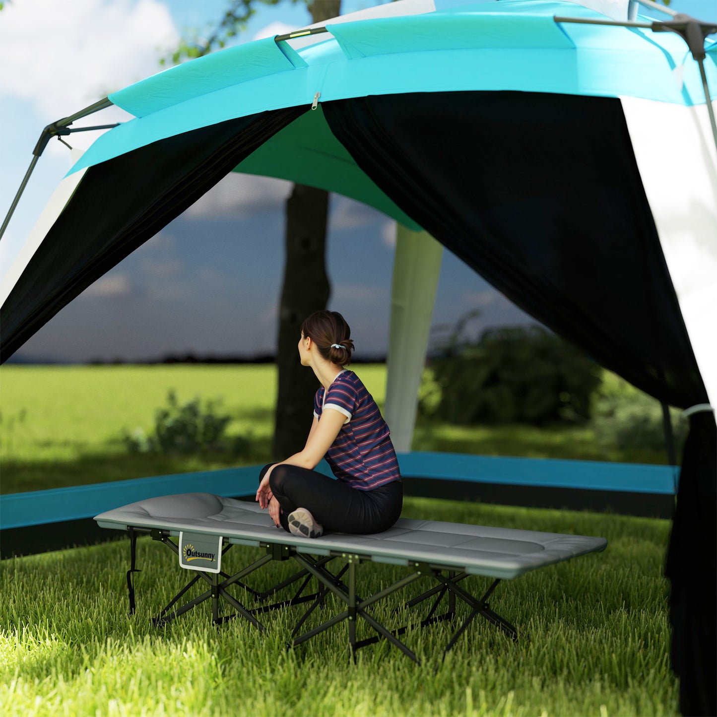 Outsunny 25.6" Wide Folding Bed, Camping Cot for Adults with Mattress, Carry Bag, Storage Pocket, Max Load 330 LBS, Light Grey