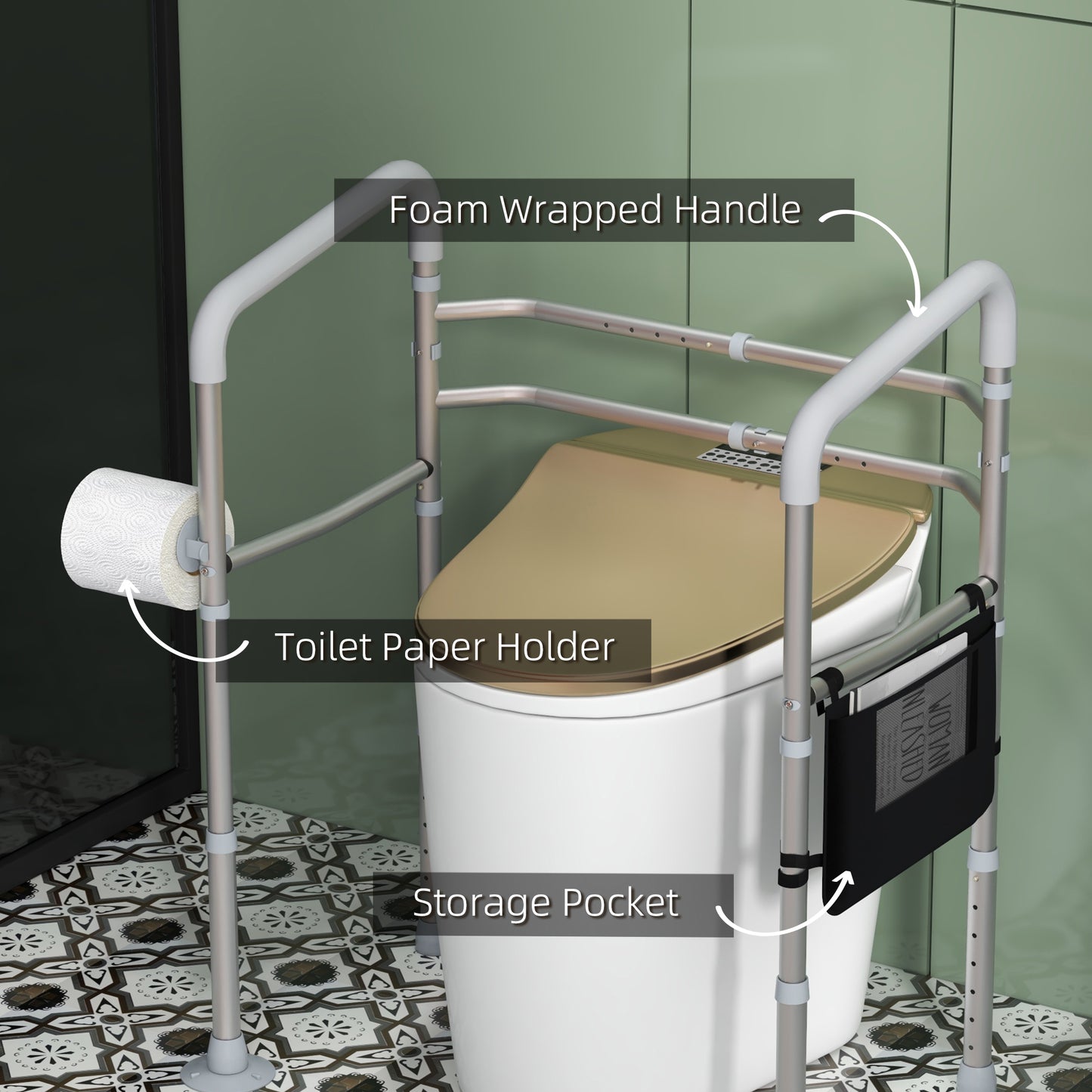 HOMCOM Stand Alone Toilet Safety Rails, Toilet Rails with Adjustable Height Width, 300lb Grab Bar with Suction Cups, Storage, Padded Handles for Elderly