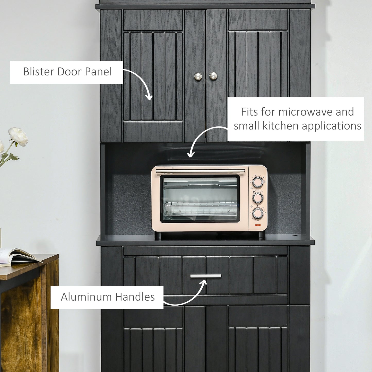 HOMCOM 72" Kitchen Pantry Cabinet, Freestanding Buffet with Hutch, Cupboard with Adjustable Shelf, Utility Drawer, 2 Door Cabinets and Countertop, Black Wood Grain