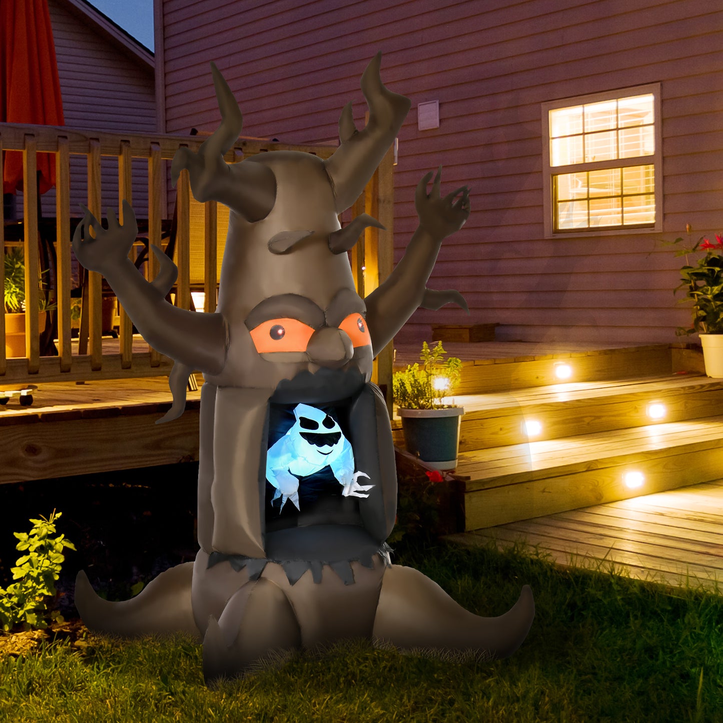 HOMCOM Inflatable Halloween Decoration Haunted Tree with Owl/Ghost/Pumpkins, Blow-Up Outdoor LED Display for Lawn, Garden, Party