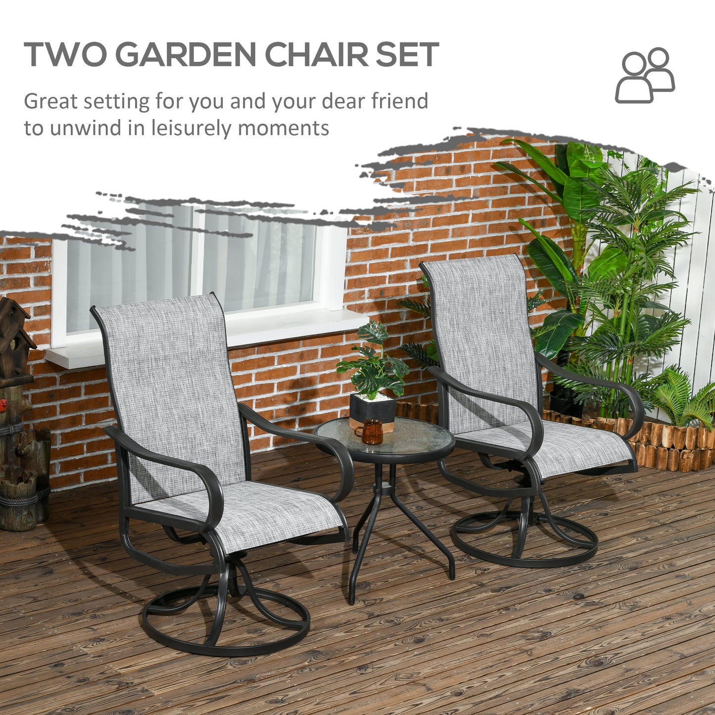 Outsunny 2-Piece Swivel Patio Dining Chairs, 360° Swivel Rocking Outdoor Chairs with Curved Armrests, Breathable Mesh Seat & S Shape Backrest for Yard, Lawn, Porch, Brown