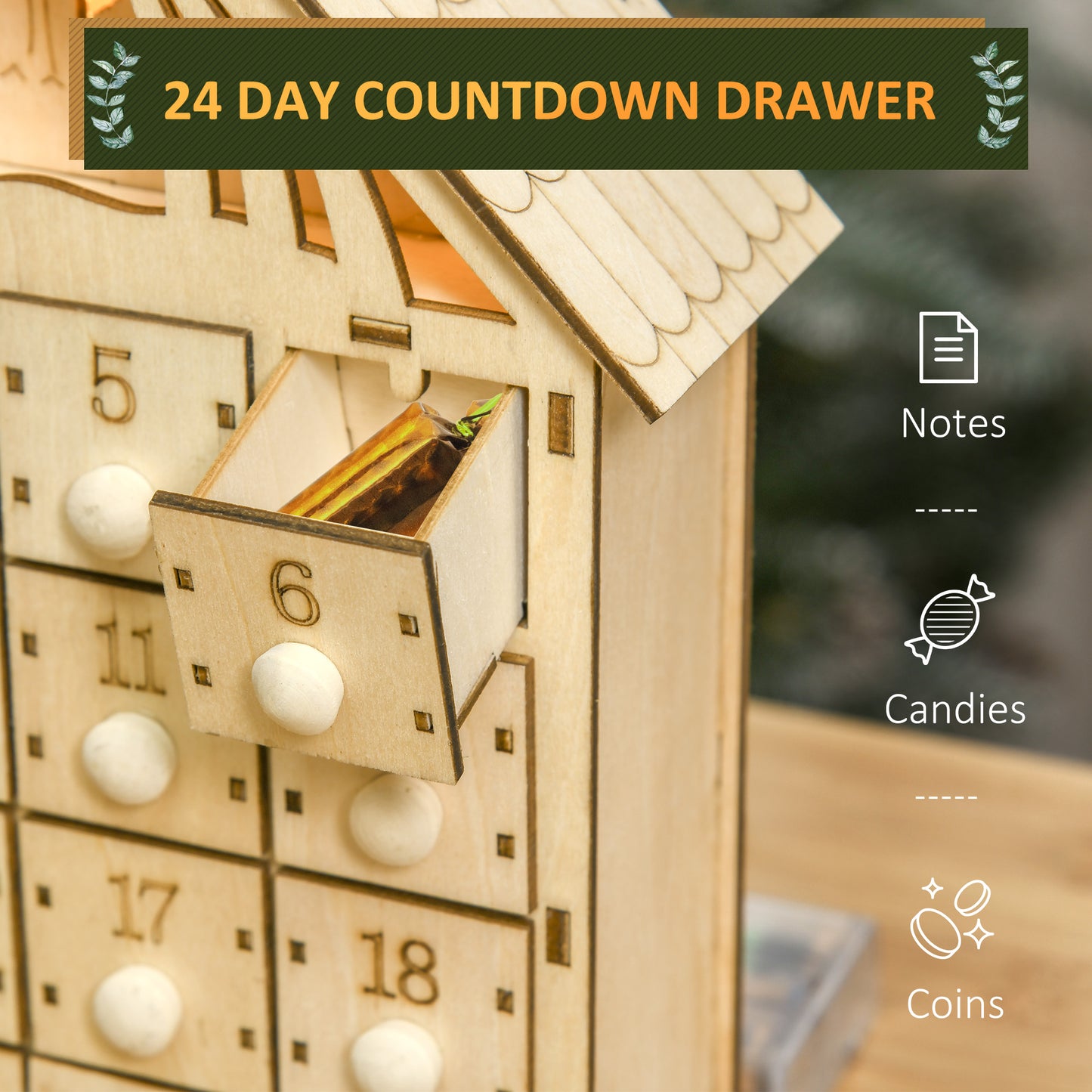 HOMCOM Wooden Christmas Advent Calendar, Lighted 24 Days Xmas Calendar House, Christmas Table Decoration with Countdown Drawers, Bible Characters, Battery Operated, Natural