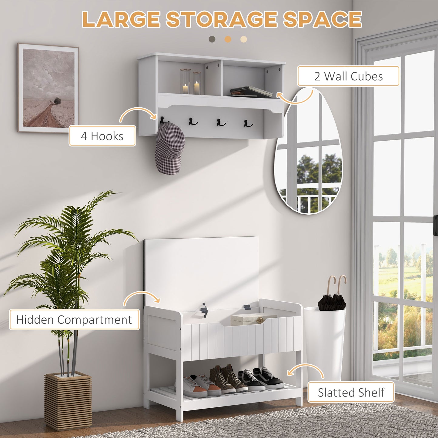 HOMCOM Wall Mounted Coat Rack with Shoe Storage Bench, Hall Tree and Bench, Clothes Hanger Rack with Shelves for Hallway White