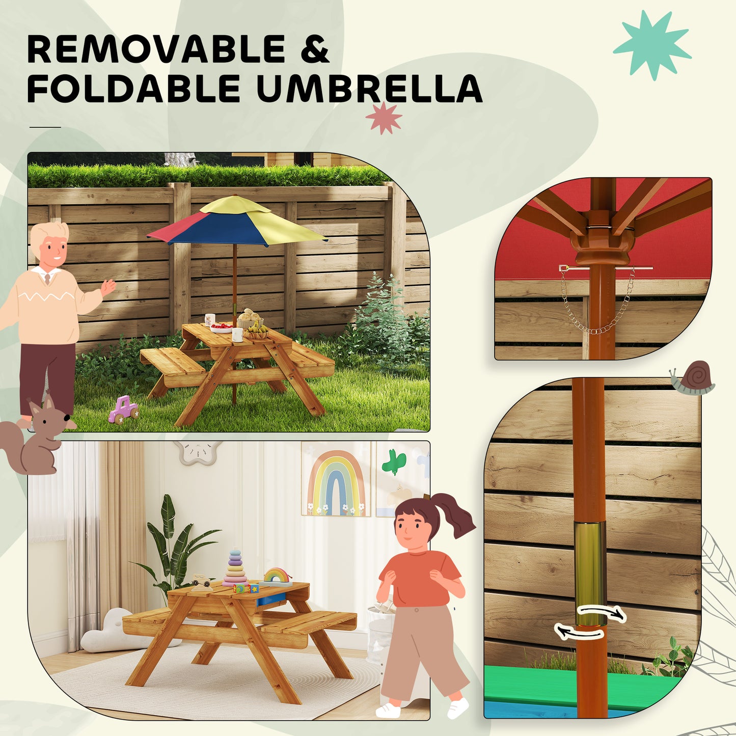 Outsunny Kids Outdoor Table Set Wooden Toddler Picnic Table and Benches for 4 Kids 3-8 Years, Easy Installation, Natural Wood