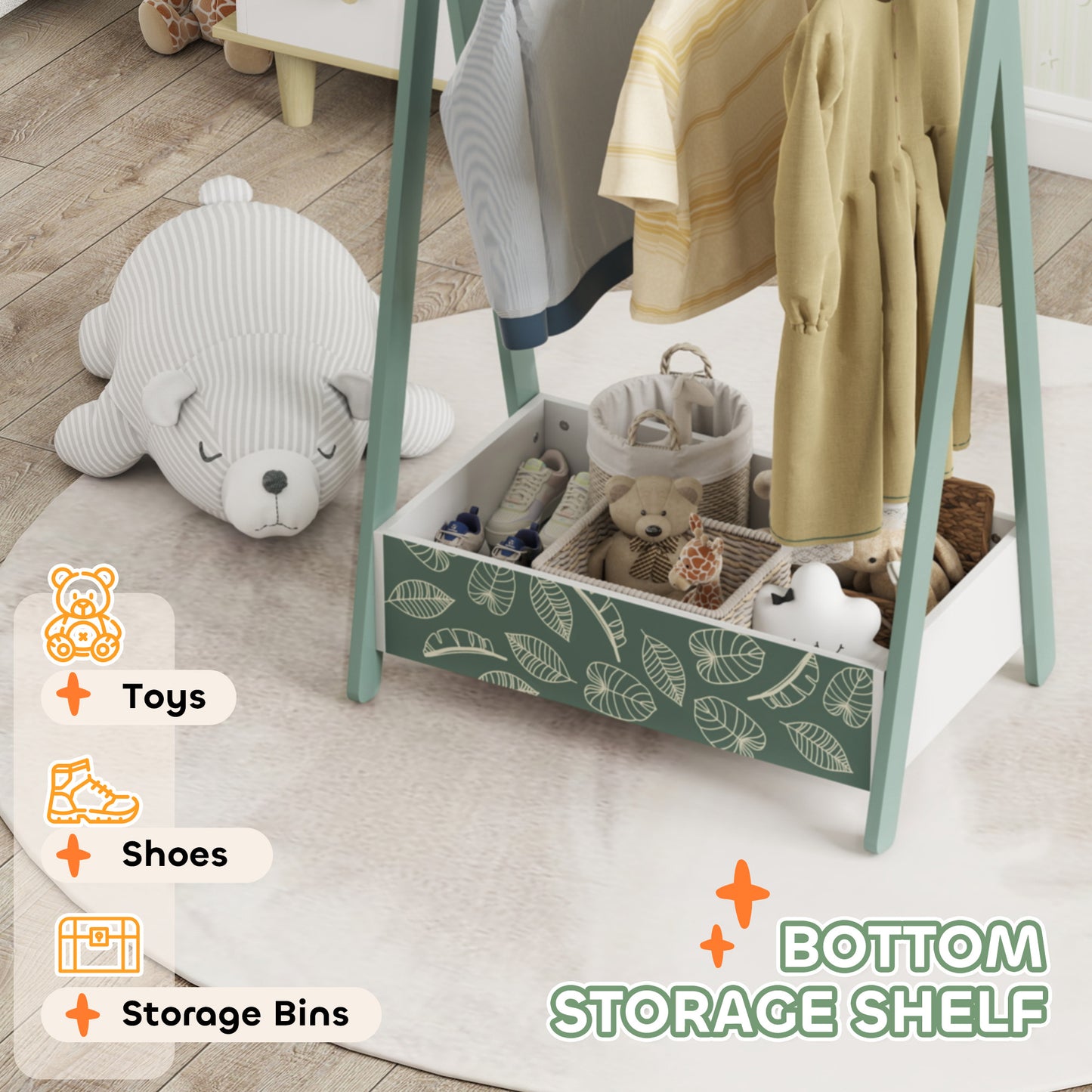 Qaba Kids Clothing Rack with Storage Shelf, Hangers, for Nursery Room, Living Room, Playroom, Pink