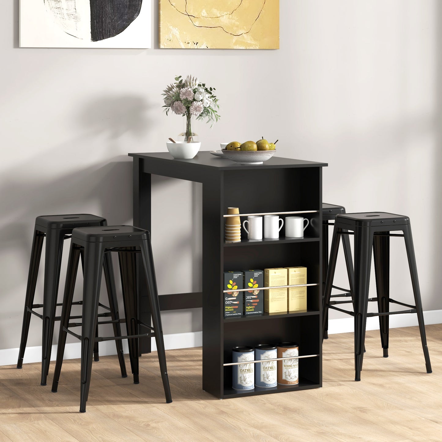 HOMCOM Modern Bar Table, Bar Height Dining Table with 3 Storage Shelves for Kitchen, Dining Room, Living Room, White