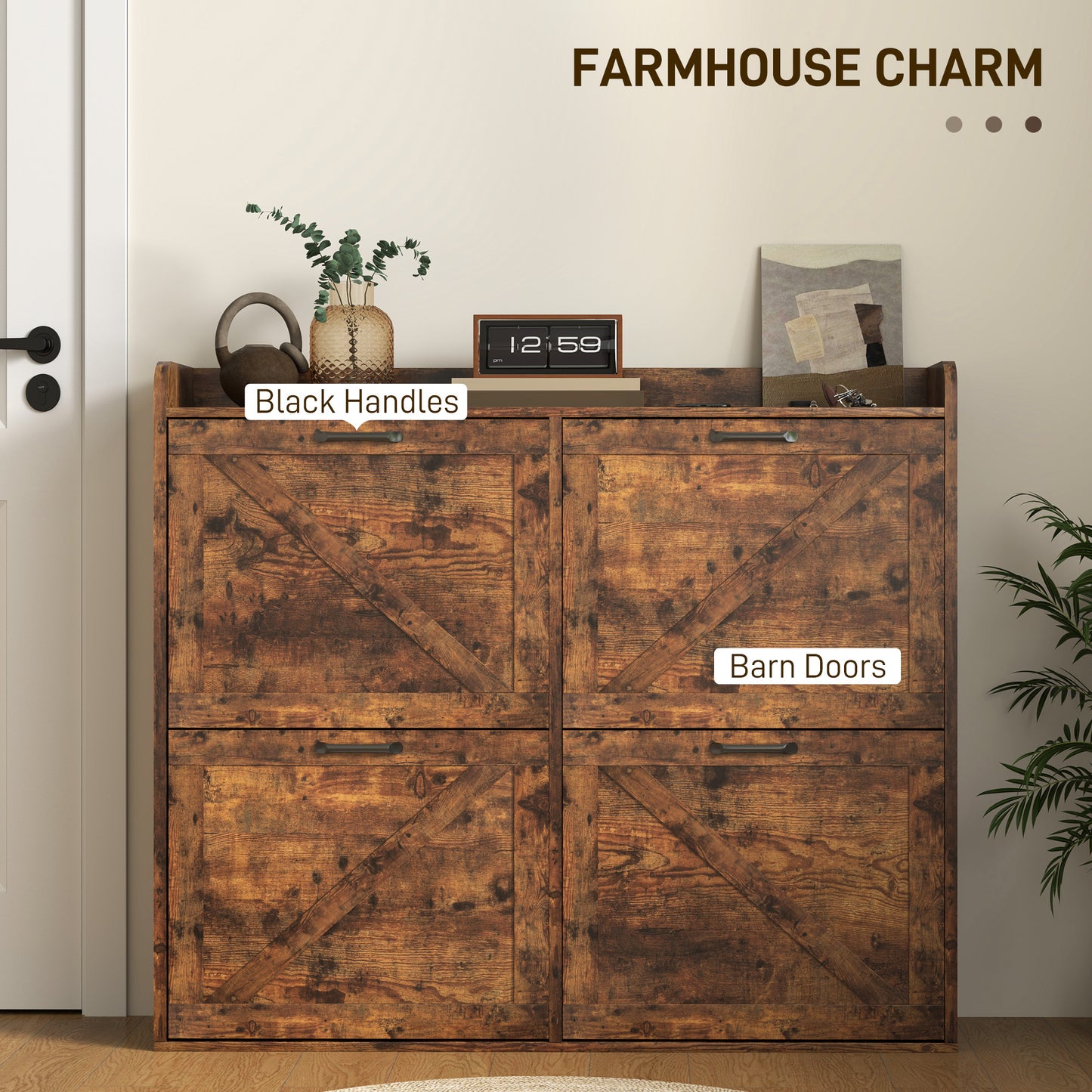 HOMCOM Narrow Shoe Storage Cabinet with 4 Flip Drawers, Adjustable Shelves, 16 Pair Farmhouse Shoe Cabinet, Rustic Brown