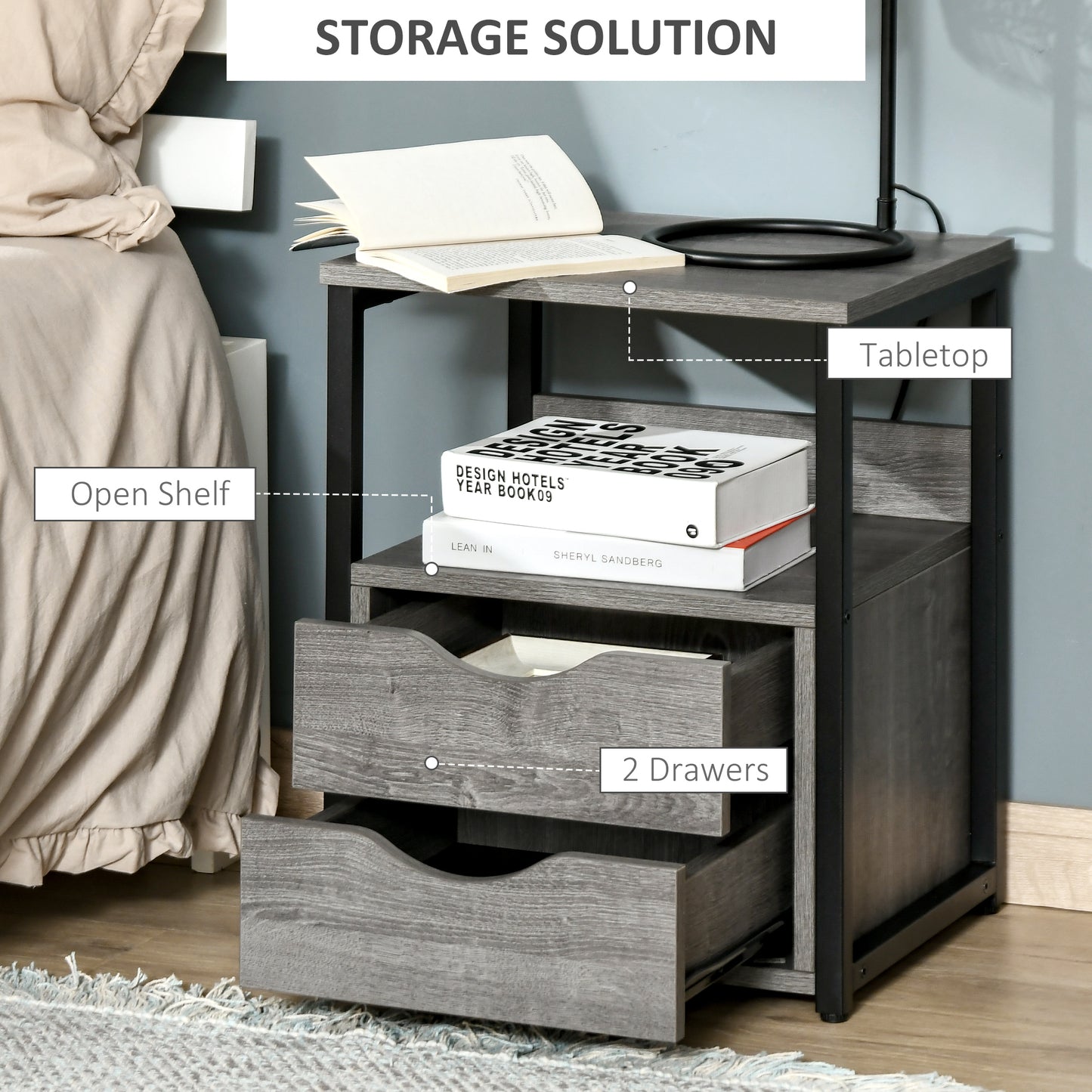 HOMCOM Nightstand with 2 Drawers, Industrial Side Table with Storage Shelf, Accent End Table for Bedroom, Living Room, Grey