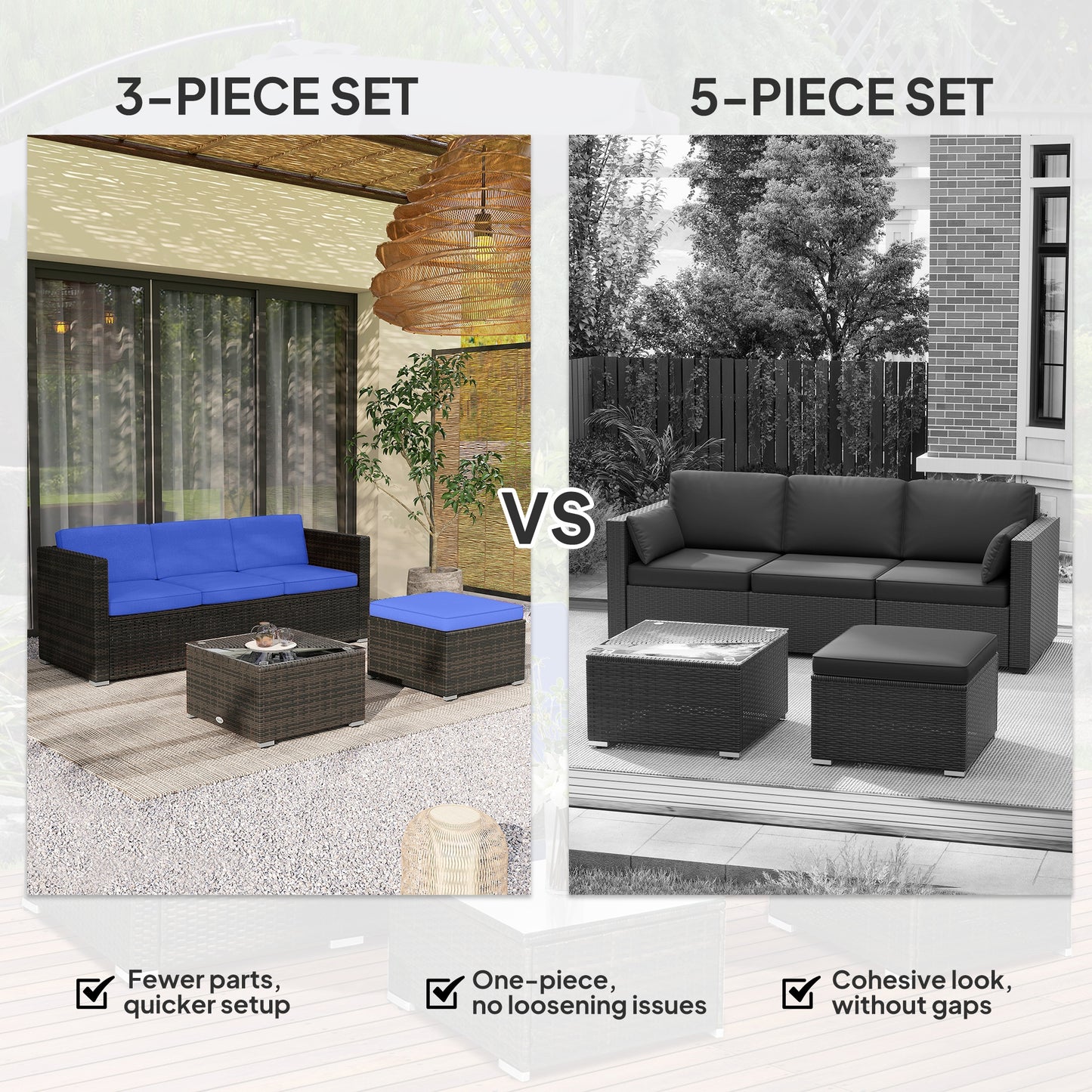 Outsunny 3 Pieces Patio Furniture Set with Cushions, Outdoor PE Rattan Wicker Conversation Corner Sofa Set with Glass Top Table and Adjustable Foot for Garden, Lawn, Cream White