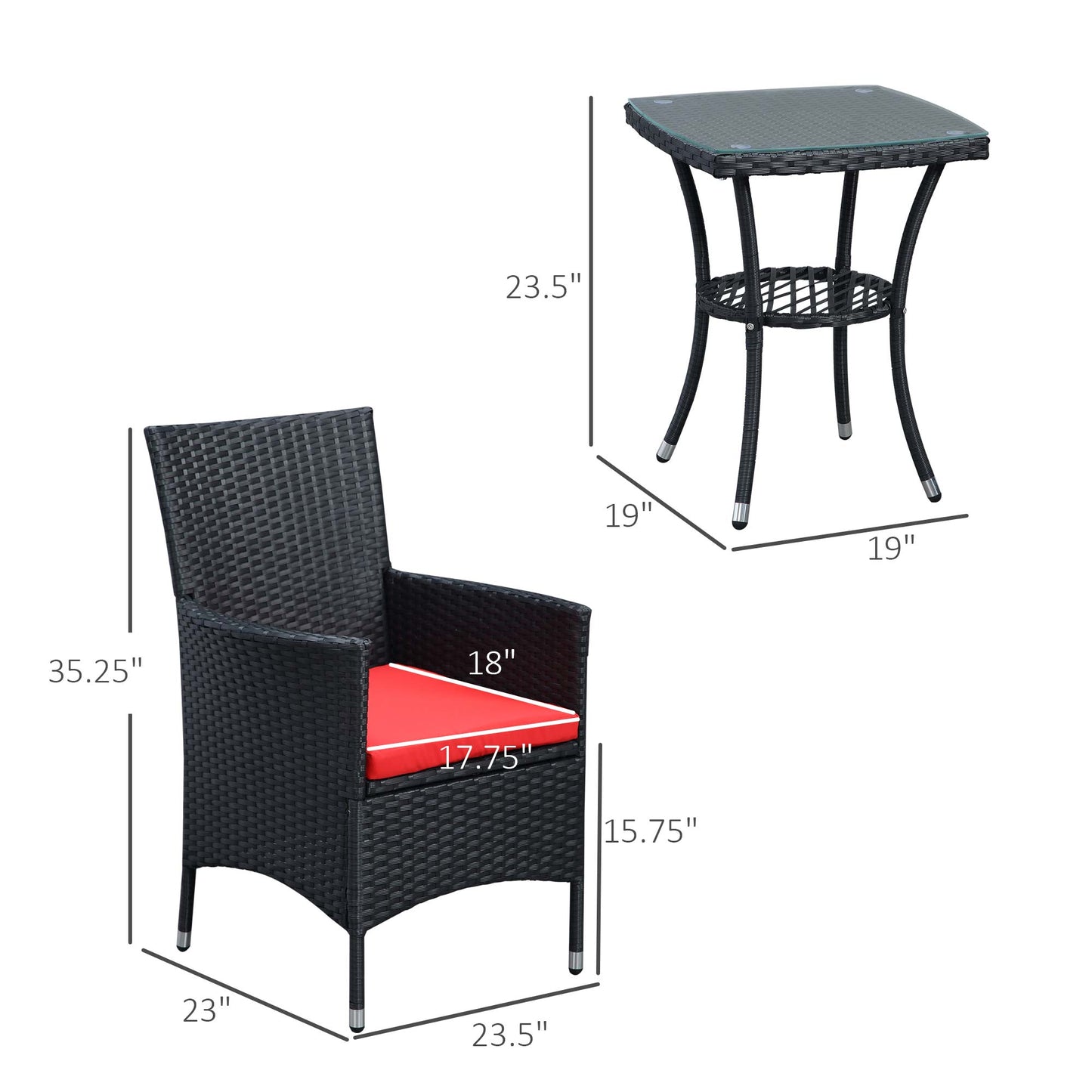 Outsunny 3 Pieces Wicker Patio Furniture Set, Rattan Bistro Set with Glass Top Coffee Table and Cushions, Outdoor Conversation Set for Garden, Porch, Balcony, Grey