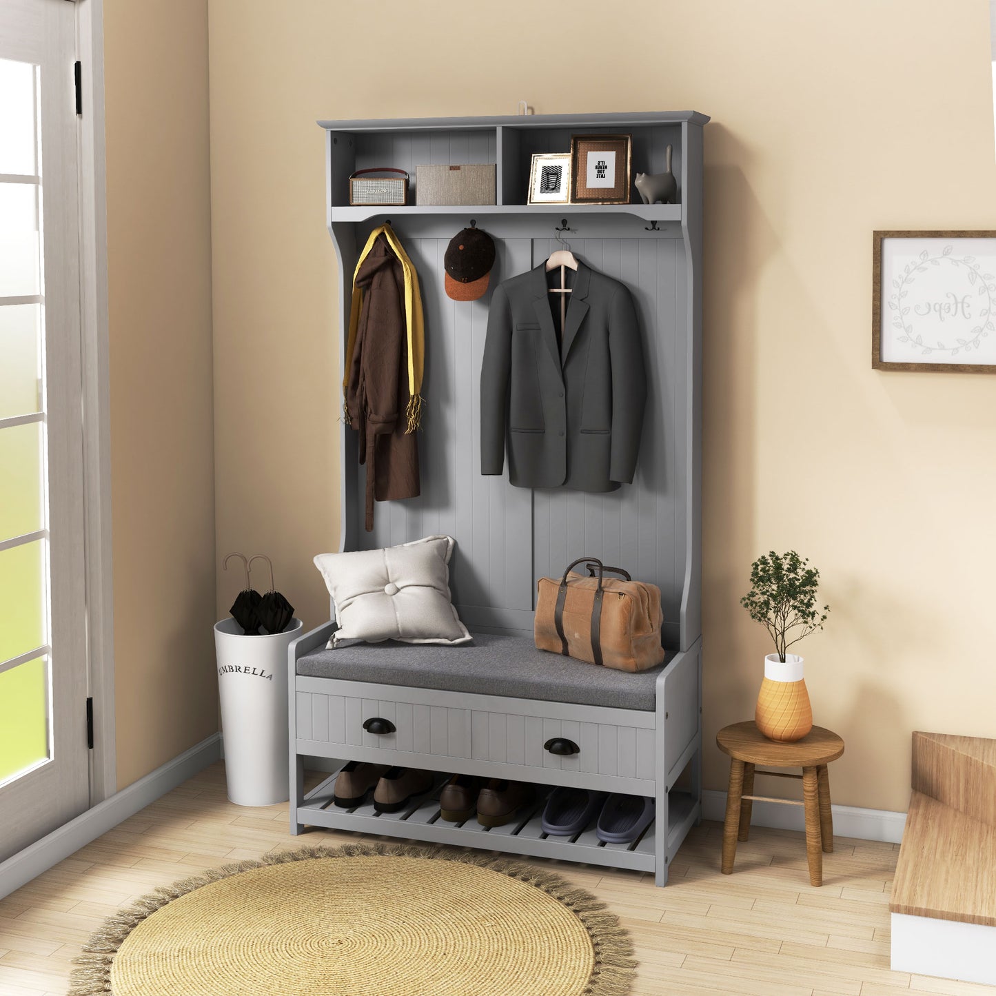 HOMCOM Coat Rack Shoe Bench, Hall Tree with Bench and Shoe Storage, Entryway Bench with 4 Hooks, 2 Drawers, 2 Shelves, Grey