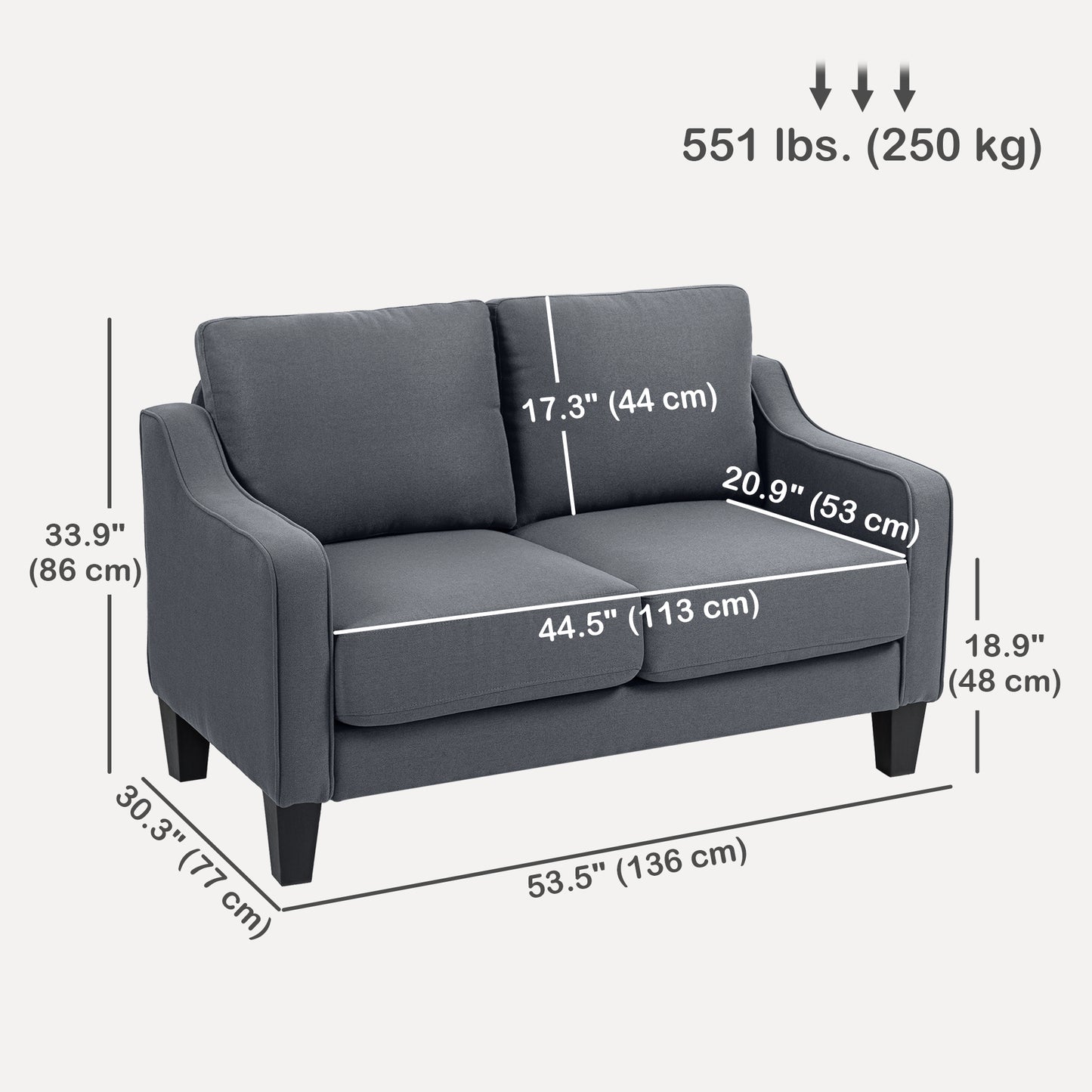 HOMCOM Loveseat Sofa, Modern Couch with Pocket Spring, Linen Upholstered, Thick Padded, Charcoal Grey