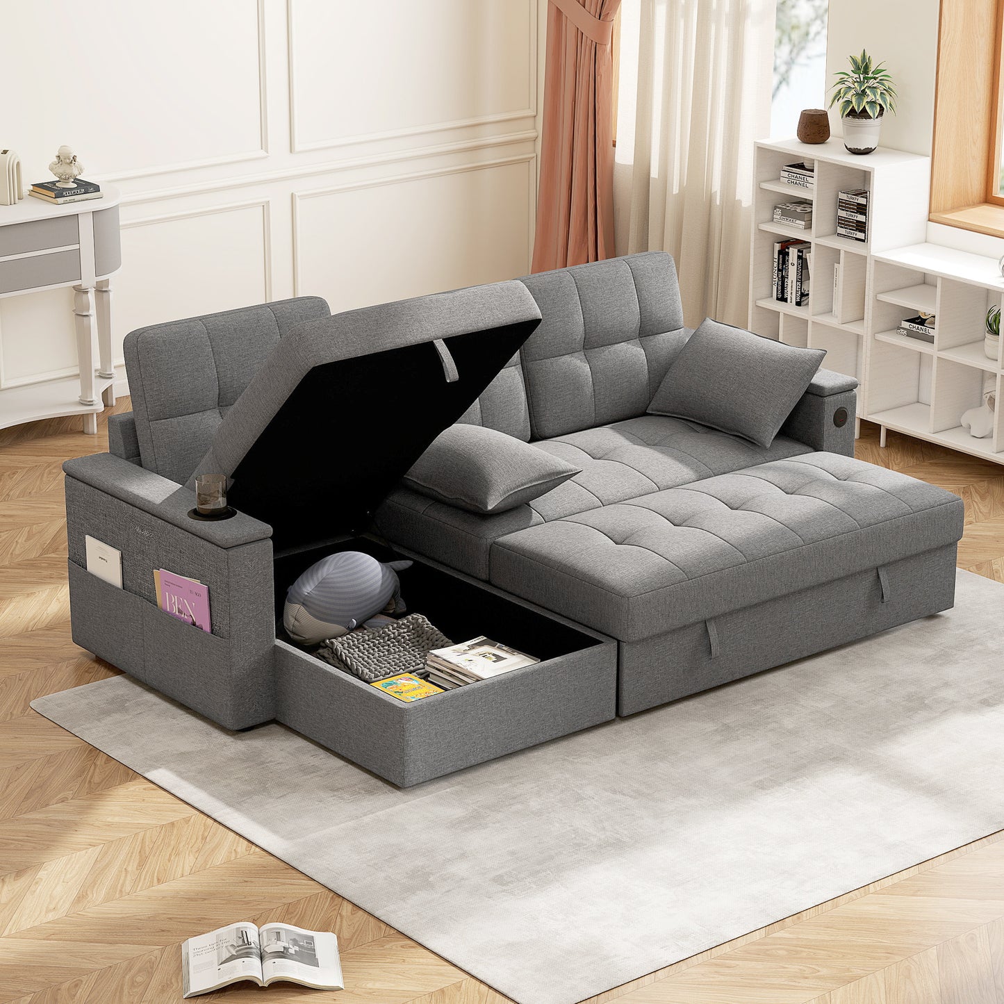 HOMCOM Convertible Sectional Sofa Bed, Pull Out Sleeper Sofa Couch with USB‑A+C, Chaise Storage, L-Shaped Futon Couch, Grey
