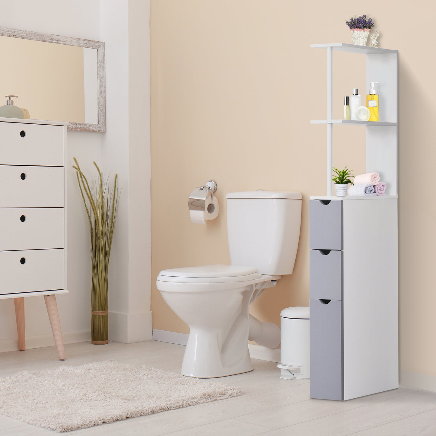 HOMCOM Tall Bathroom Storage Cabinet, Narrow Bathroom Cabinet with Drawers and Open Shelves for Small Spaces, White and Grey