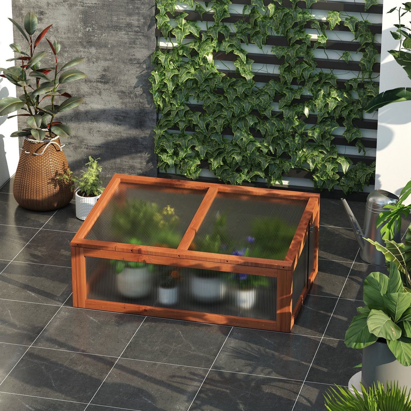 Outsunny 39" x 26" x 16" Wooden Cold Frame with Openable and Tilted Top Cover, Small Polycarbonate Planter Box for Flowers, Vegetables, Plants, Brown