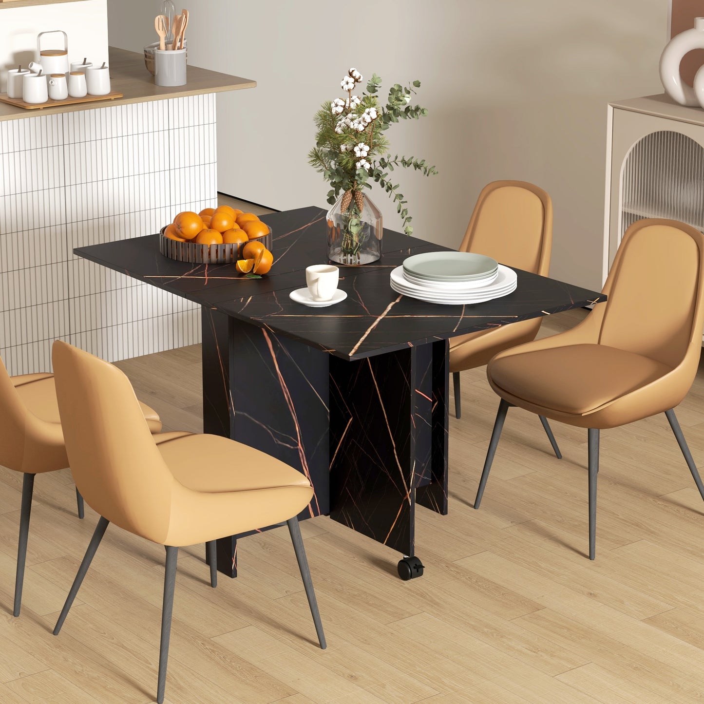 HOMCOM Foldable Dining Table, Drop Leaf Folding Side Table Console Writing Desk with 2 Wheels for Kitchen, Dining Room
