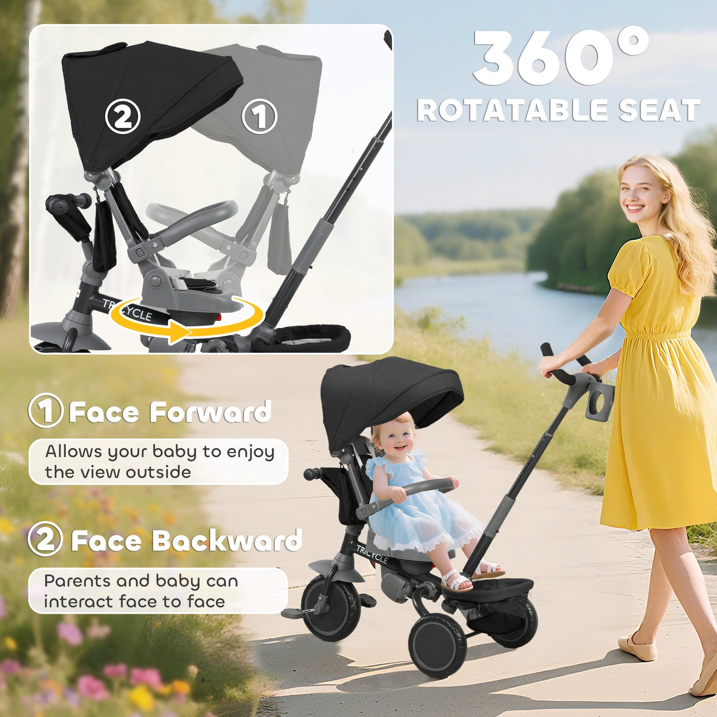 Qaba 6 in 1 Toddler Tricycle for 1-5 Years Old with Push Handle, Removable Canopy, Rotatable Seat, Pink