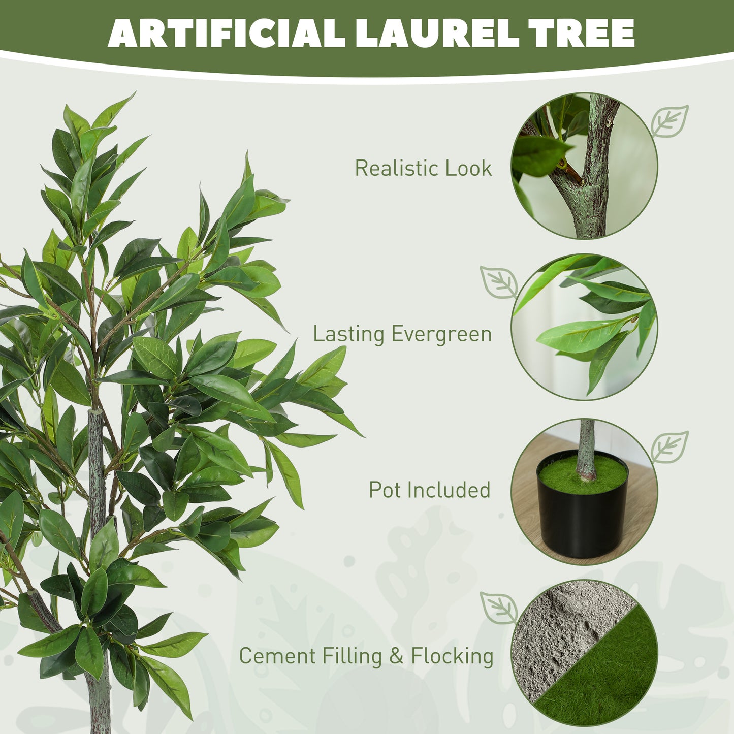 HOMCOM Potted Fake Plants Set of 2, Lifelike Laurel Artificial Trees with 345 PEVA Leaves for Indoor Outdoor Decor, Green